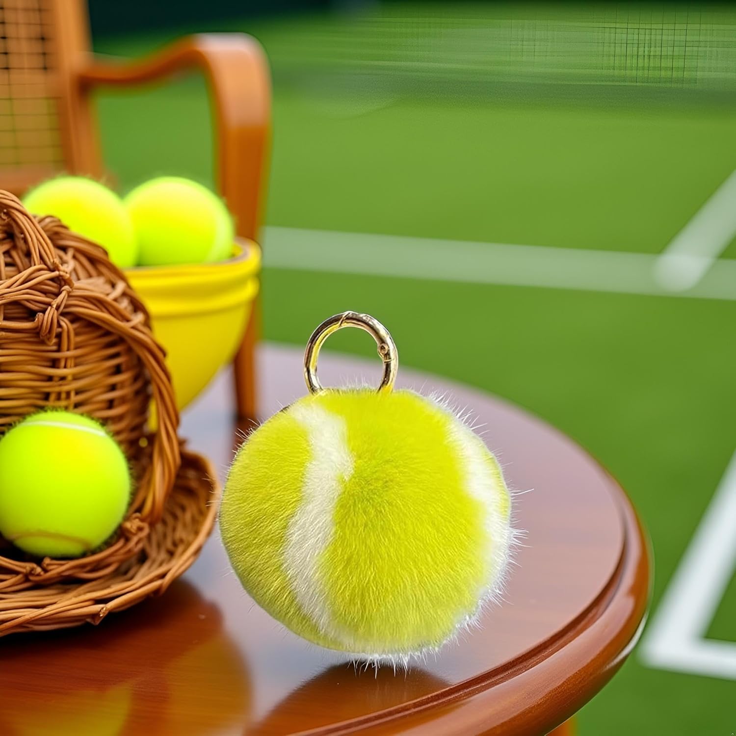 Fluffy Tennis Ball Keychain - Soft Plush Key Ring Accessory
