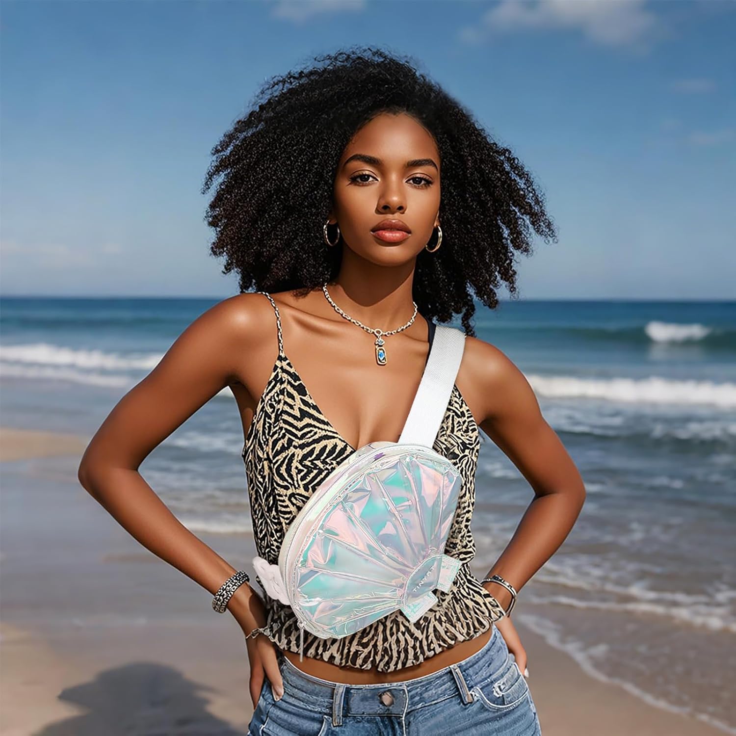 TINYAT Holographic Seashell Fanny Pack for Women