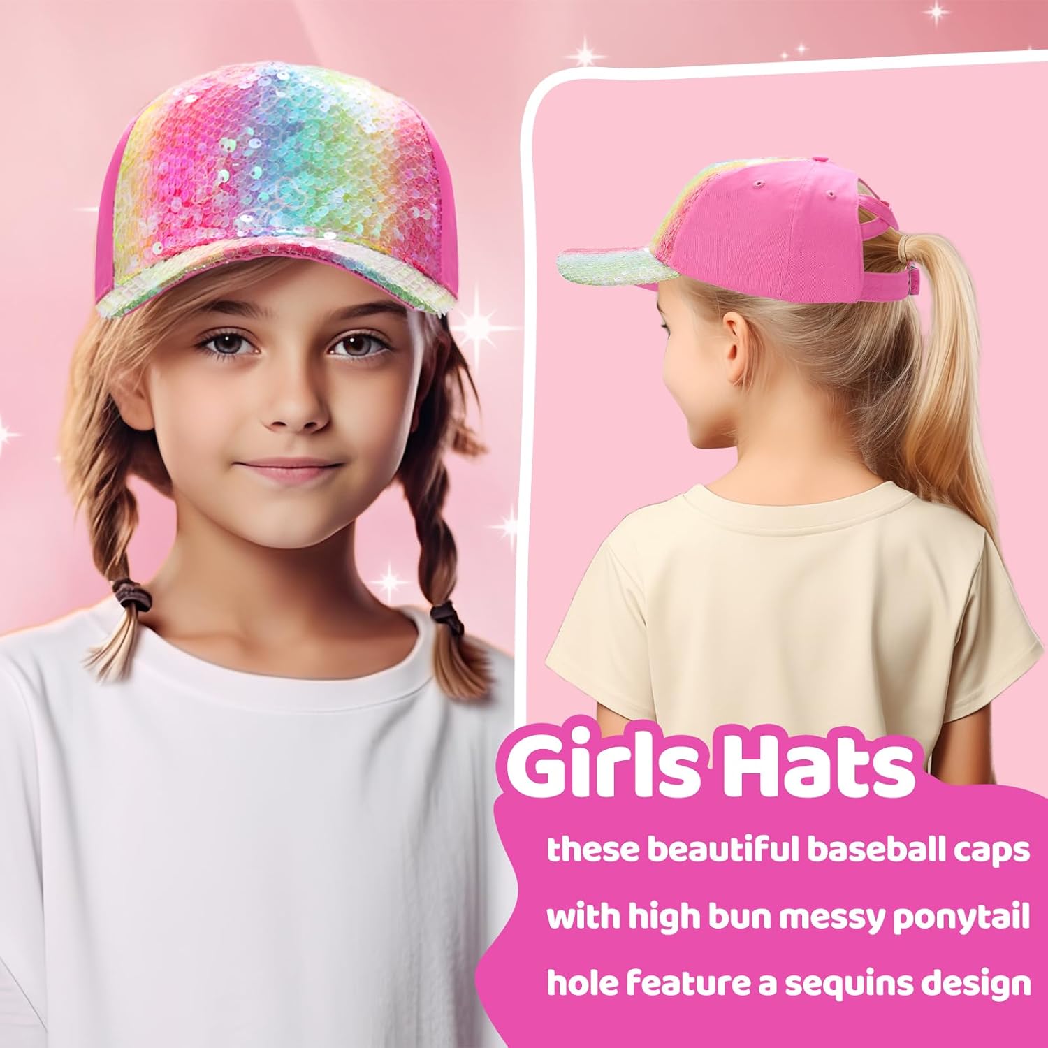 BROMZ Girls Glitter Ponytail Baseball Cap for 4-12 Years