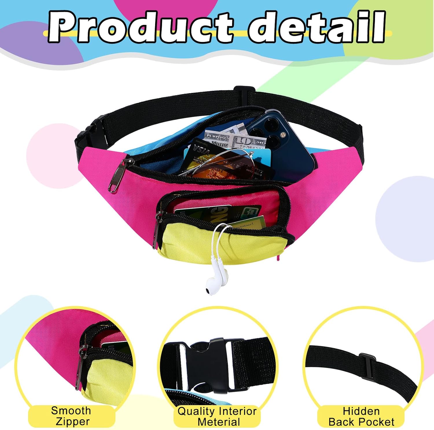 Tarpop 16 Pieces Neon Retro Fanny Pack Belt Bag