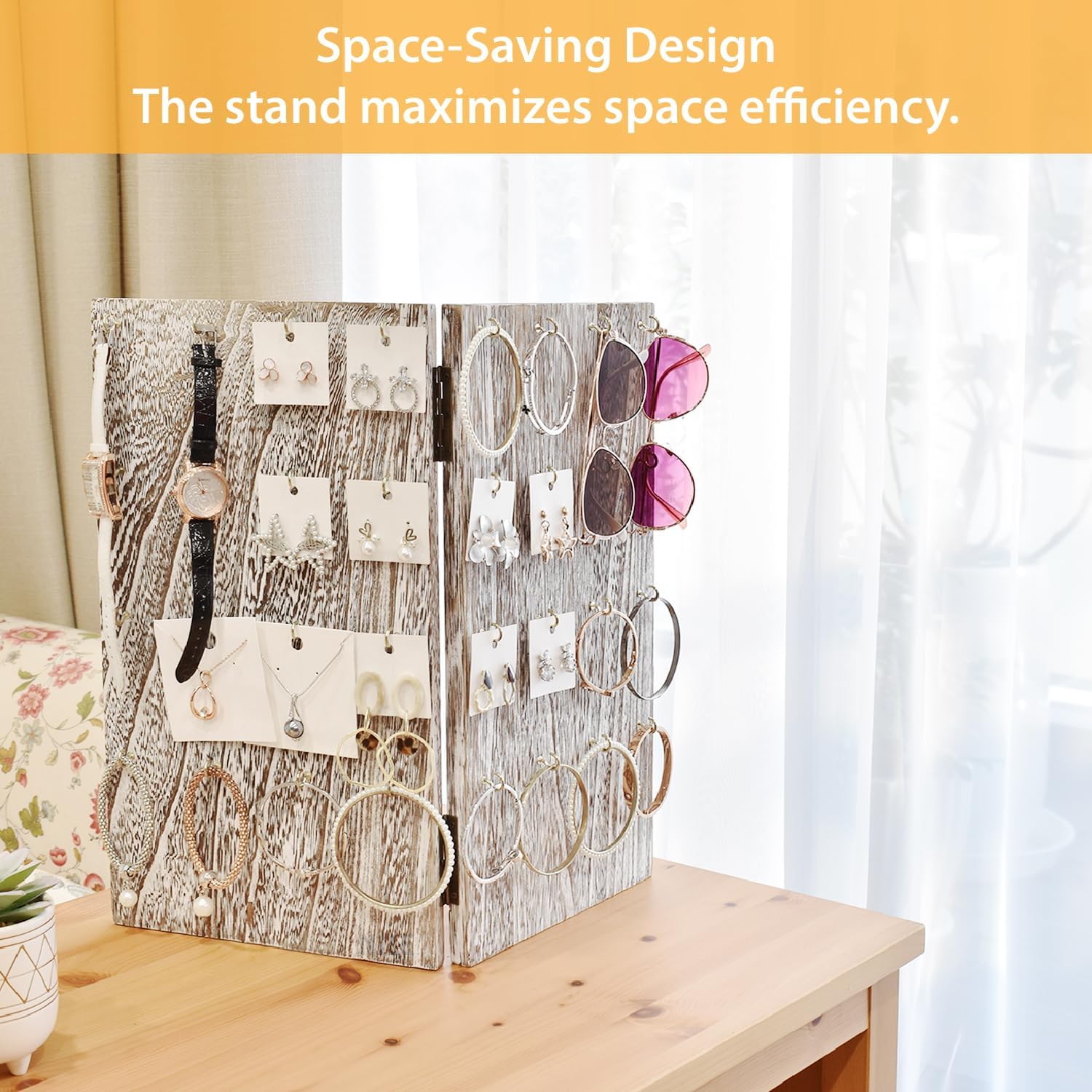 MOOCA Wooden Jewelry Display Stand with 32 Hooks and V Shape Design