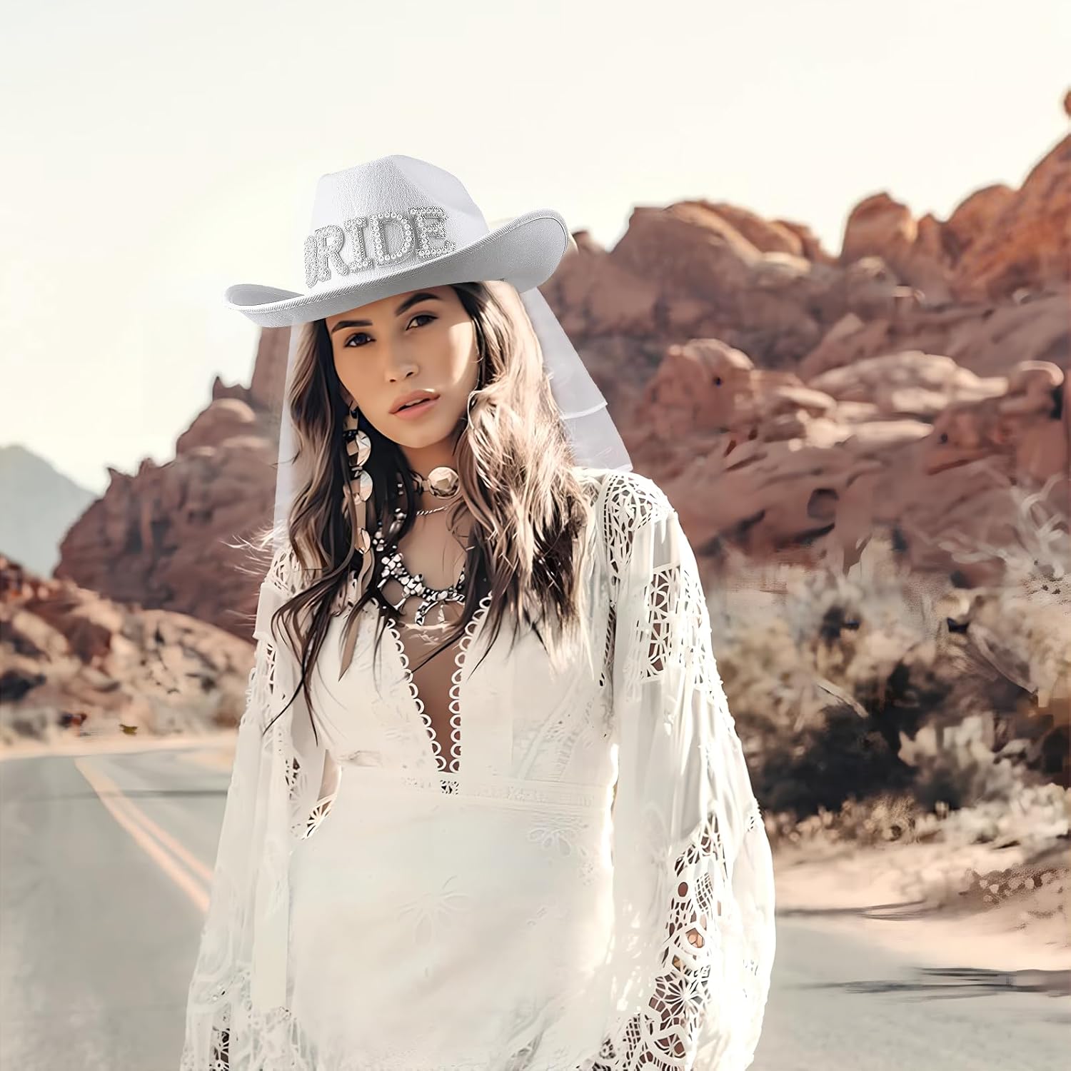 MGupzao Bridal Cowboy Hat with Veil