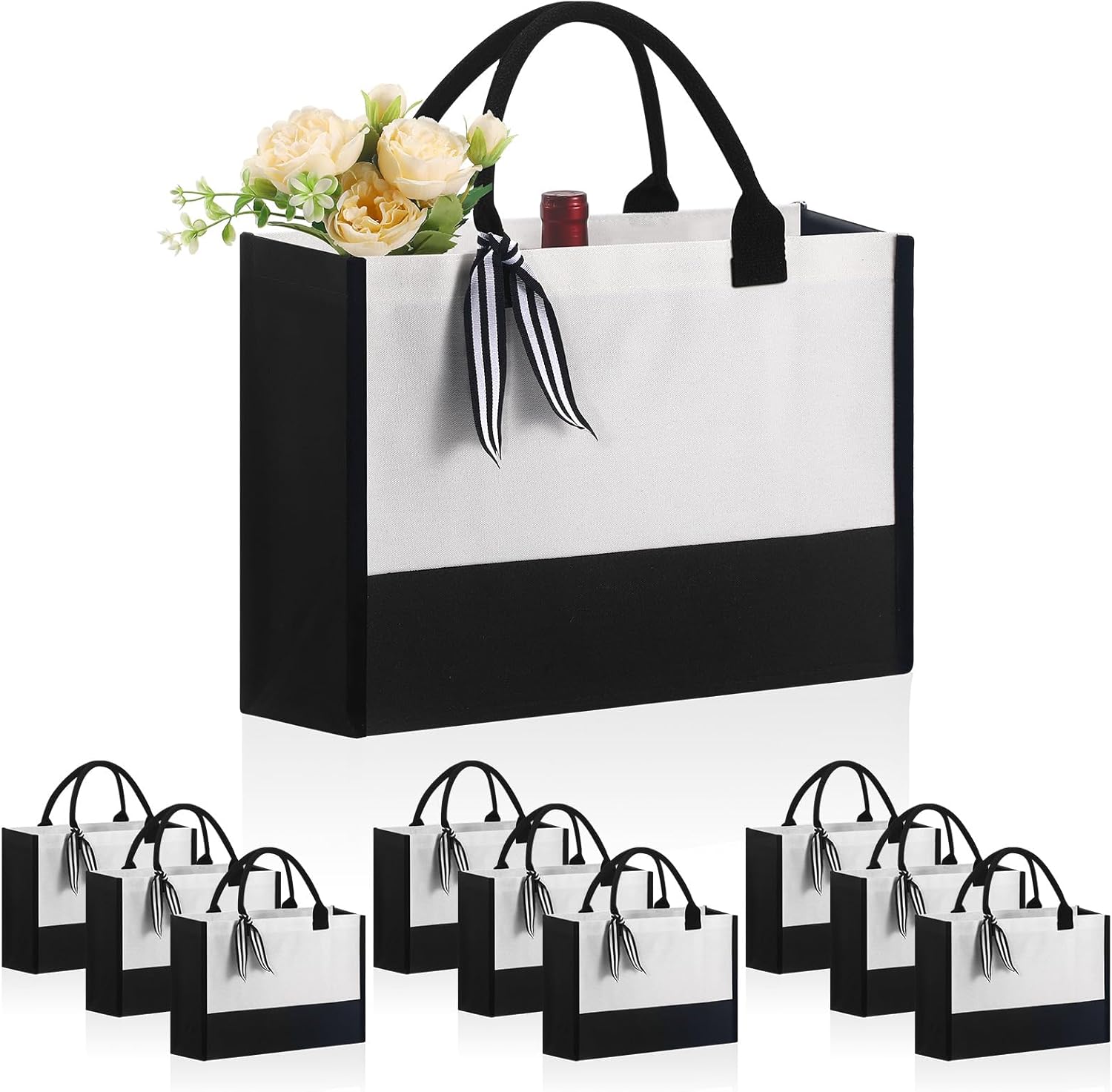 OKBA 10PCS Classic Canvas Tote Bag Black and White with Zipper Pocket