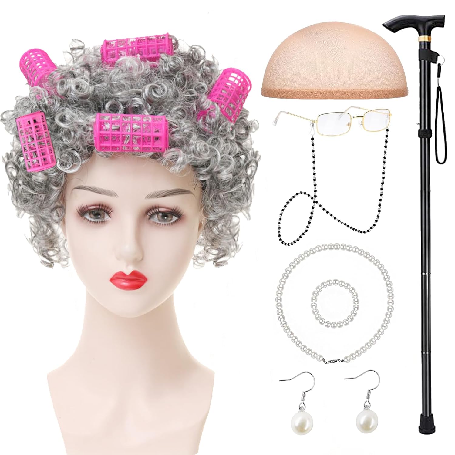 Old Lady Grandma Wig Costume Set for Women and Girls