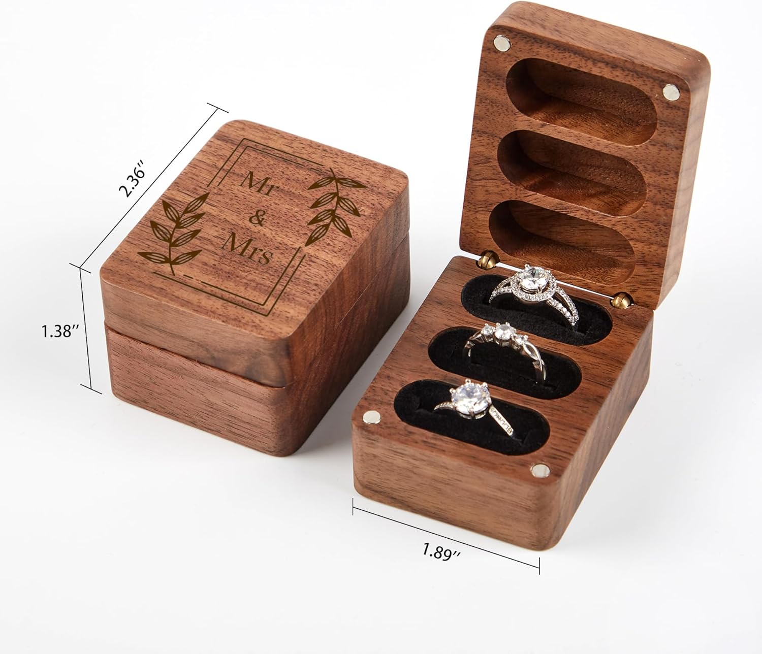 Roycraft Mr Mrs Wedding Ring Box 3 Slot Black Lining