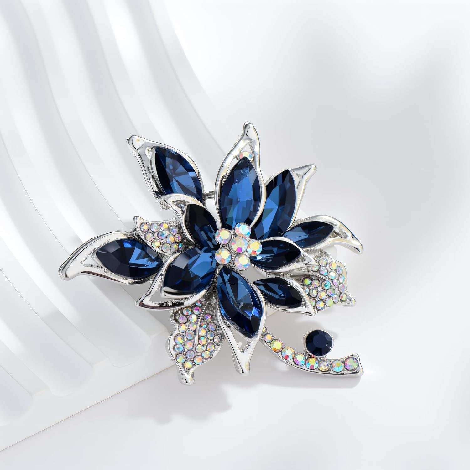 Blue Flower Brooch Pin for Women with Crystals and Rhinestones