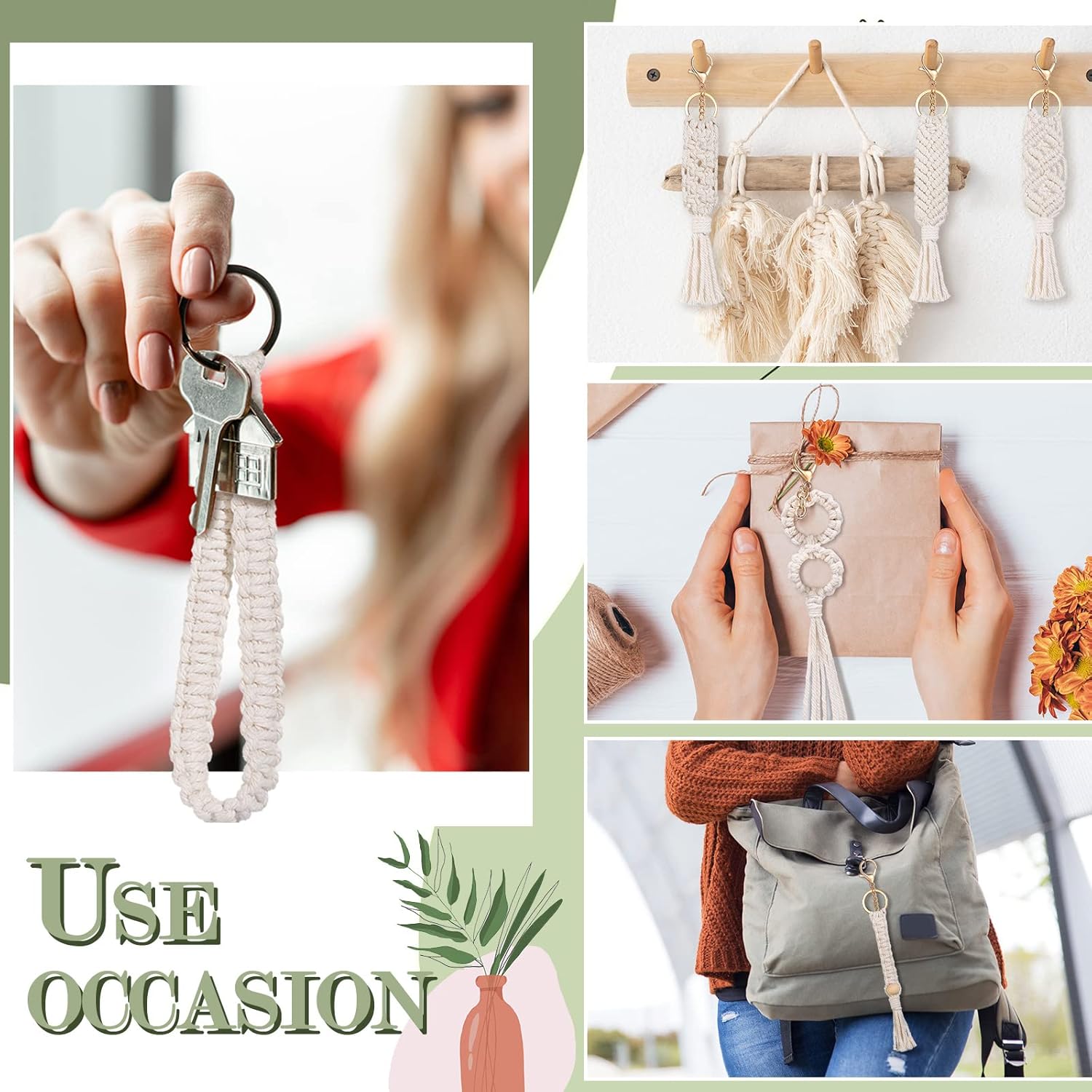Nosiny 24 Piece Boho Macrame Keychain Set Beige