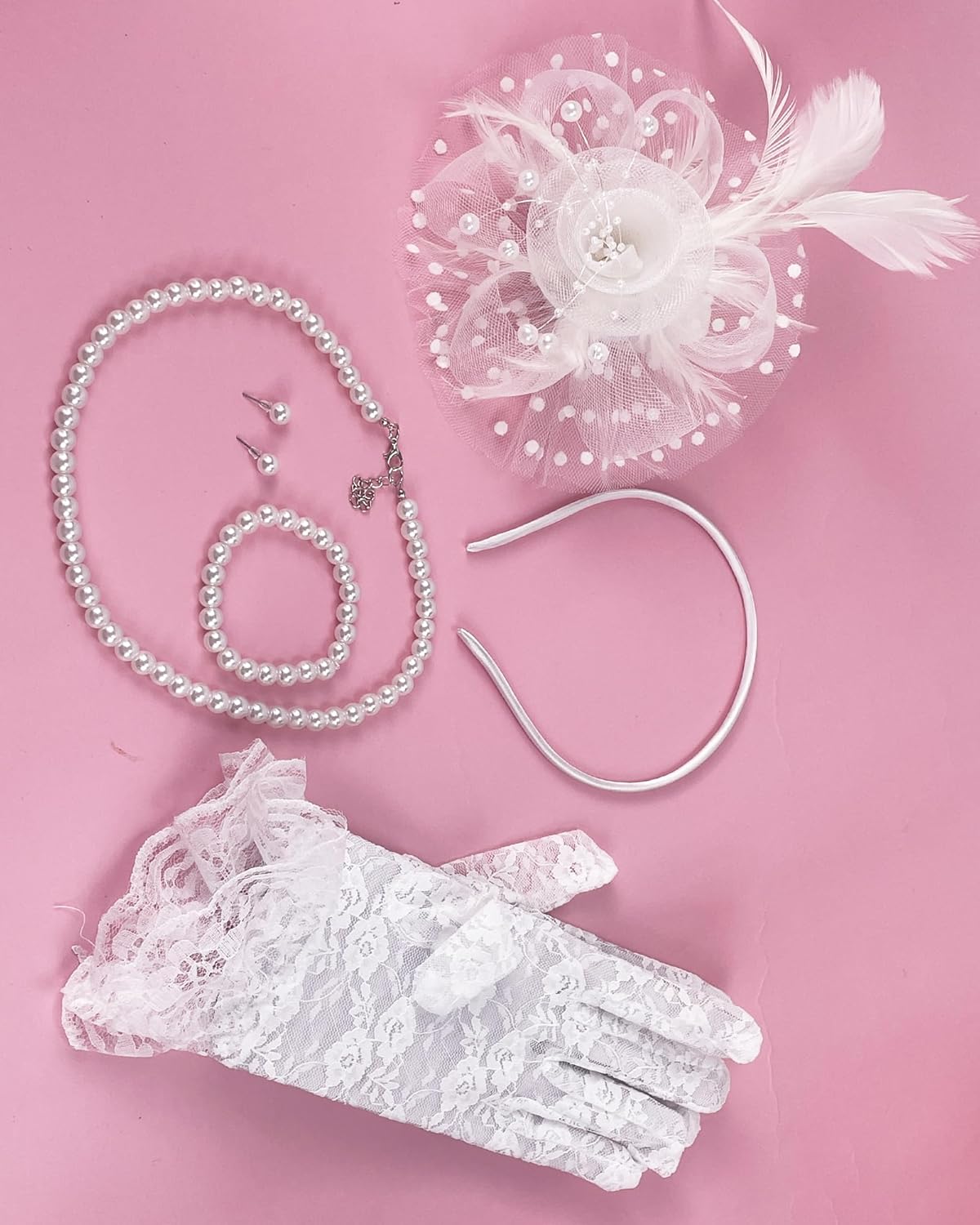 Girls Tea Party Fascinators Hats with Lace Gloves and Pearls