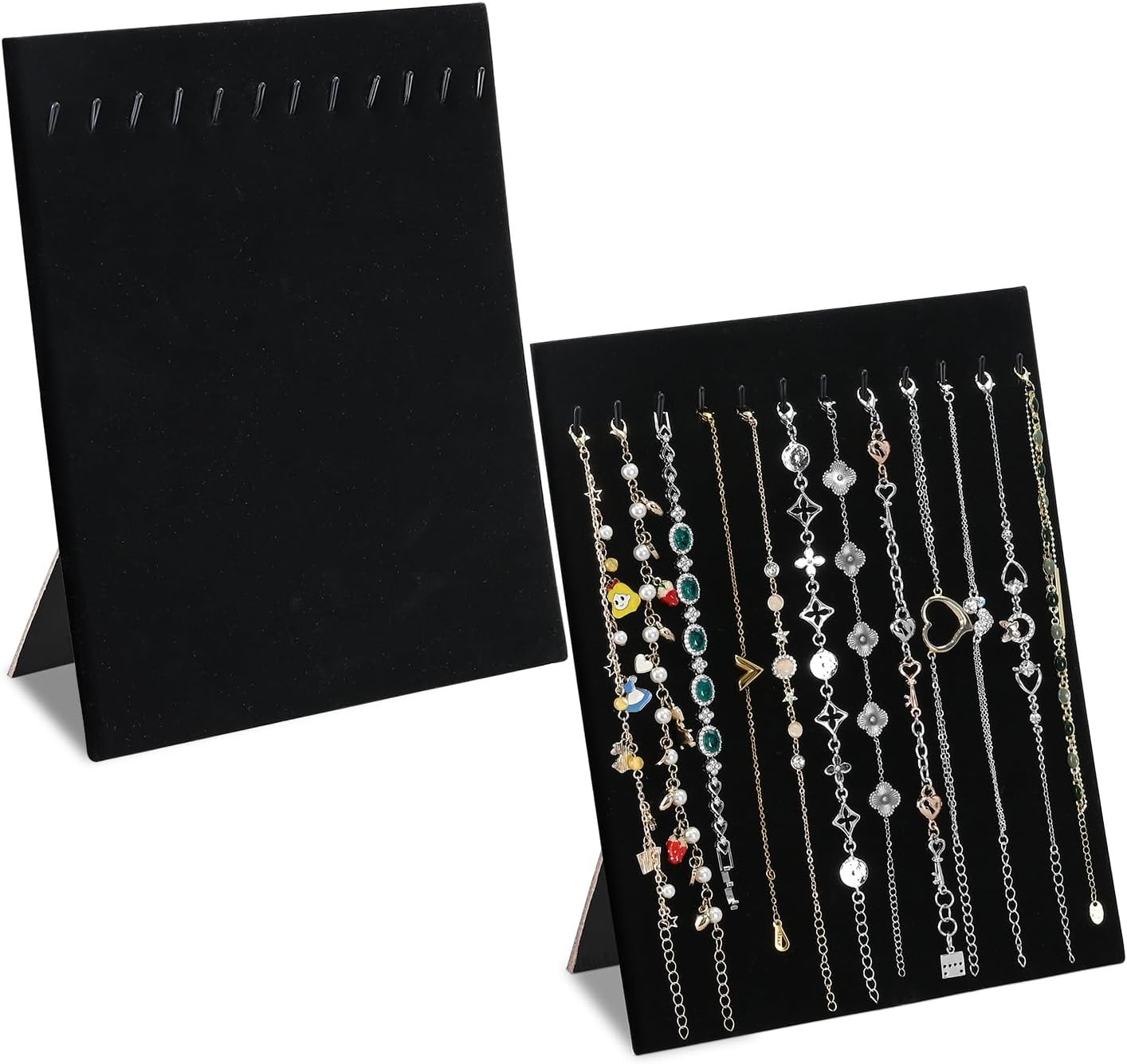 MOOCA 12-Hook Bracelet Display with Easel Stand 2 Pcs Set Black Velvet