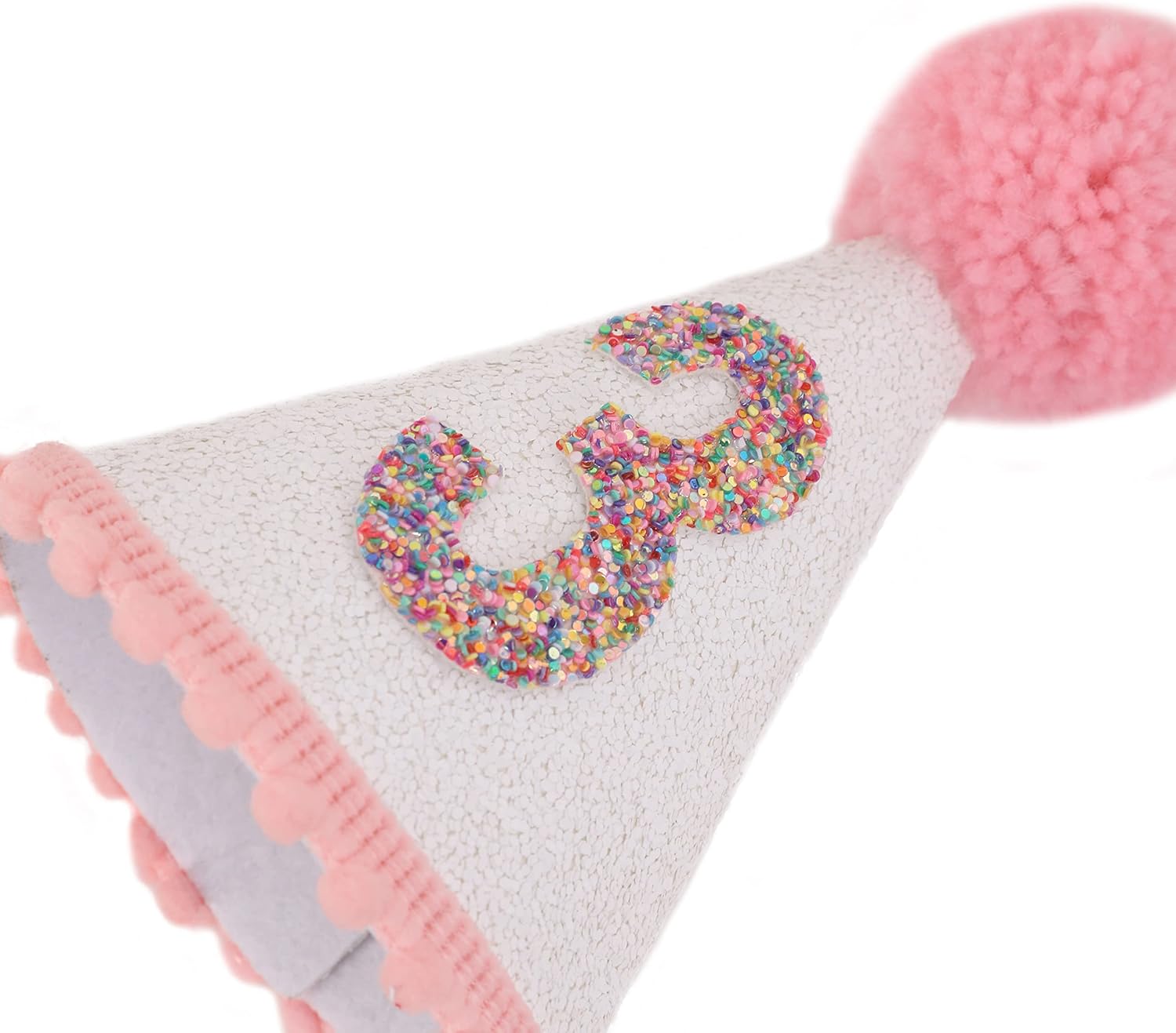 Pink Glitter Birthday Hat with Pom Toppers for Girls