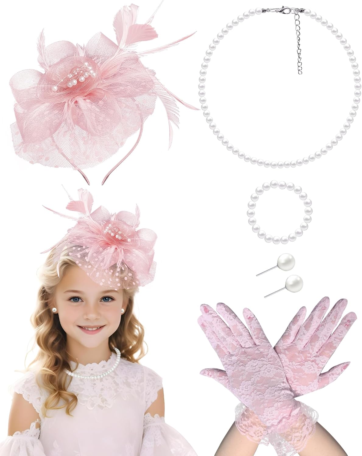 Blush Pink Tea Party Fascinator Hat Gloves Set