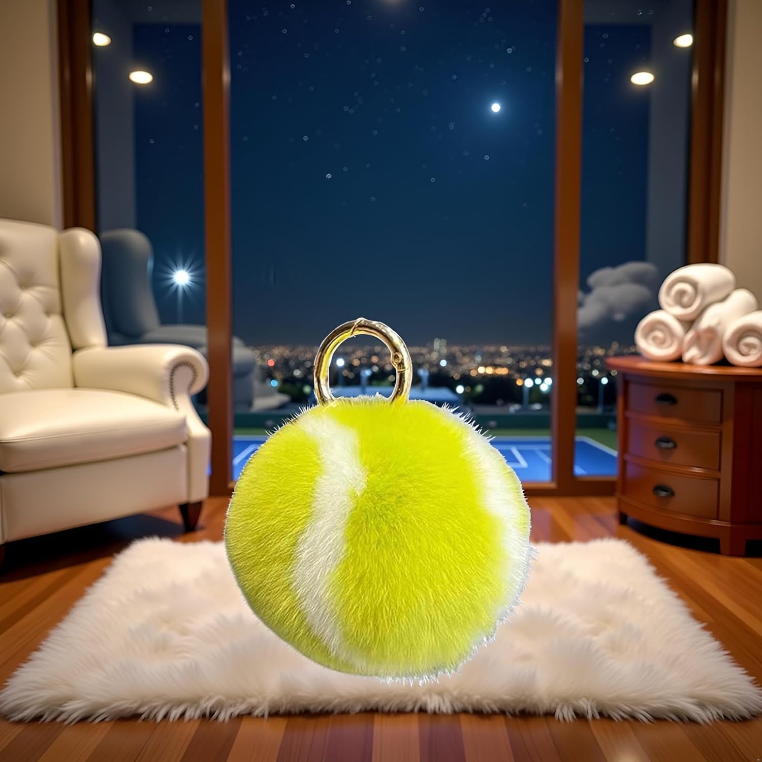 Fluffy Tennis Ball Keychain - Soft Plush Key Ring Accessory