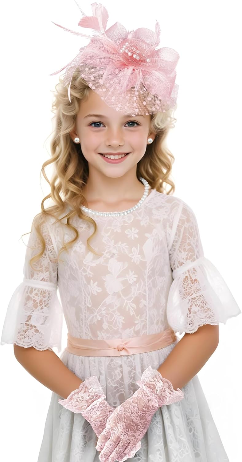 Blush Pink Tea Party Fascinator Hat Gloves Set