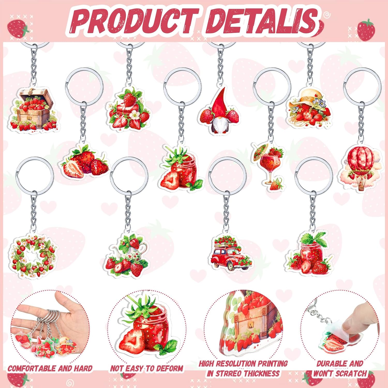 Kigeli 60 Pcs Strawberry Keychains for Kids and Adults