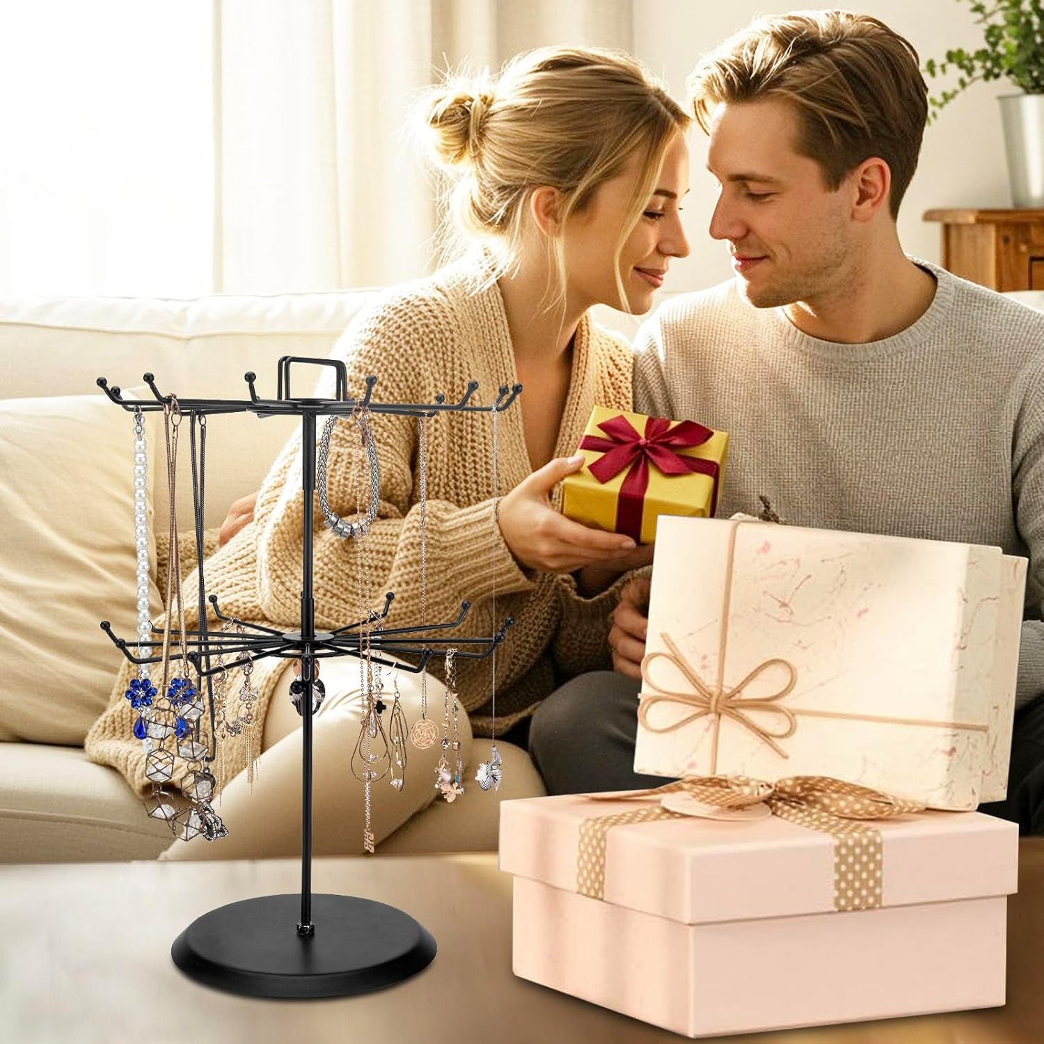 MyGift 2 Tier Rotating Jewelry Stand with 24 Hooks