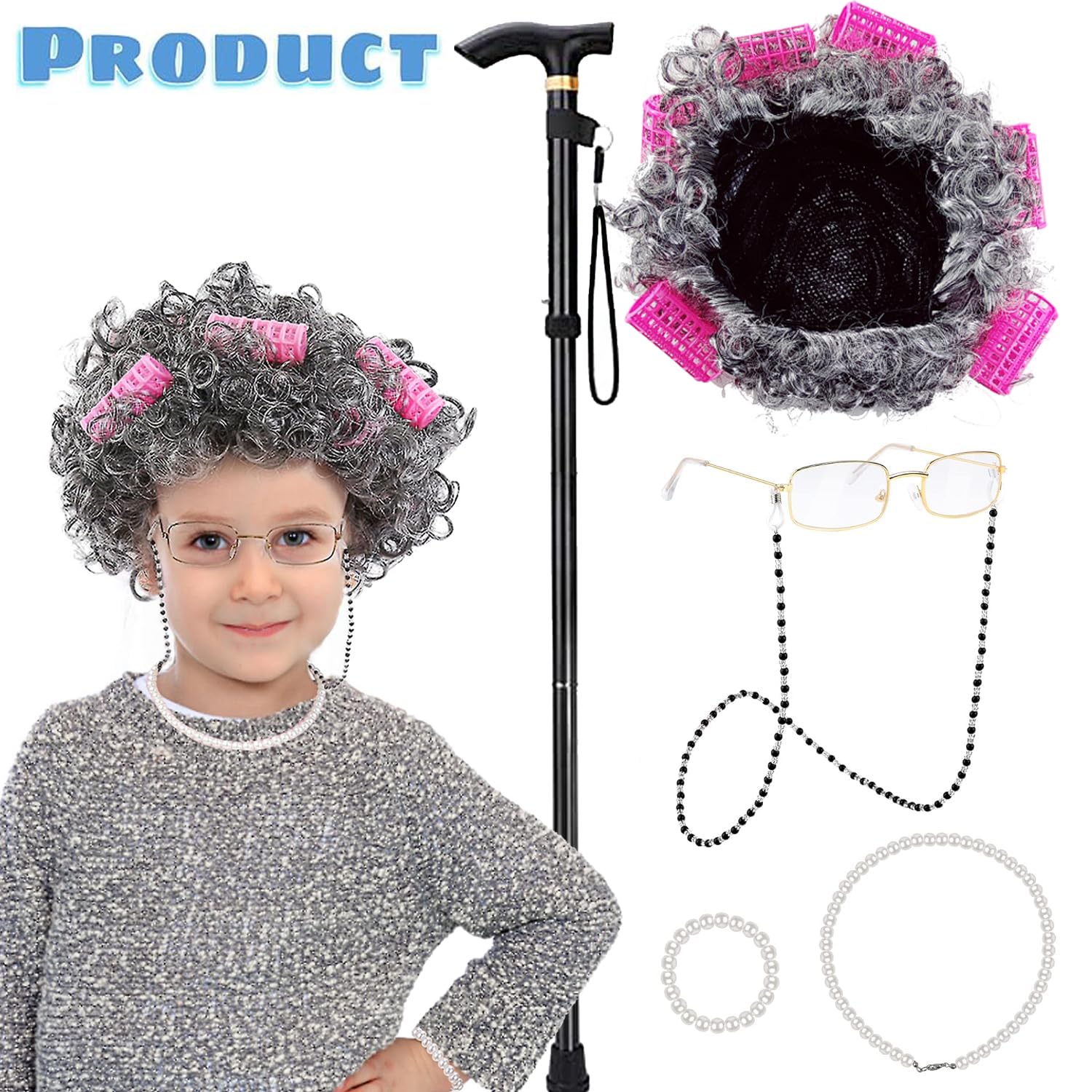 Old Lady Grandma Wig Costume Set for Women and Girls