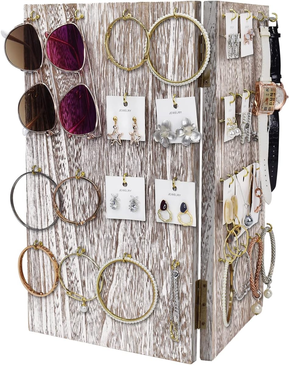 MOOCA Wooden Jewelry Display Stand with 32 Hooks and V Shape Design