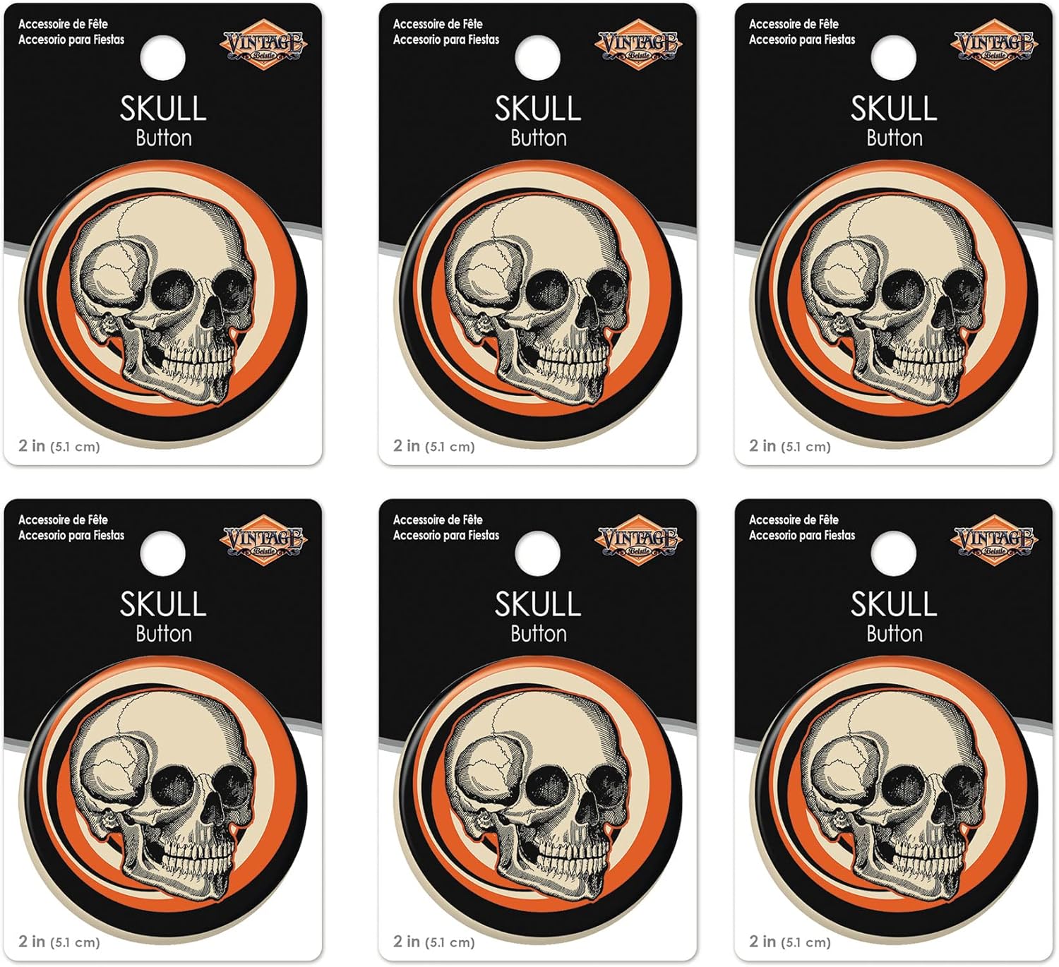 Beistle 6 Piece Vintage Halloween Skull Buttons