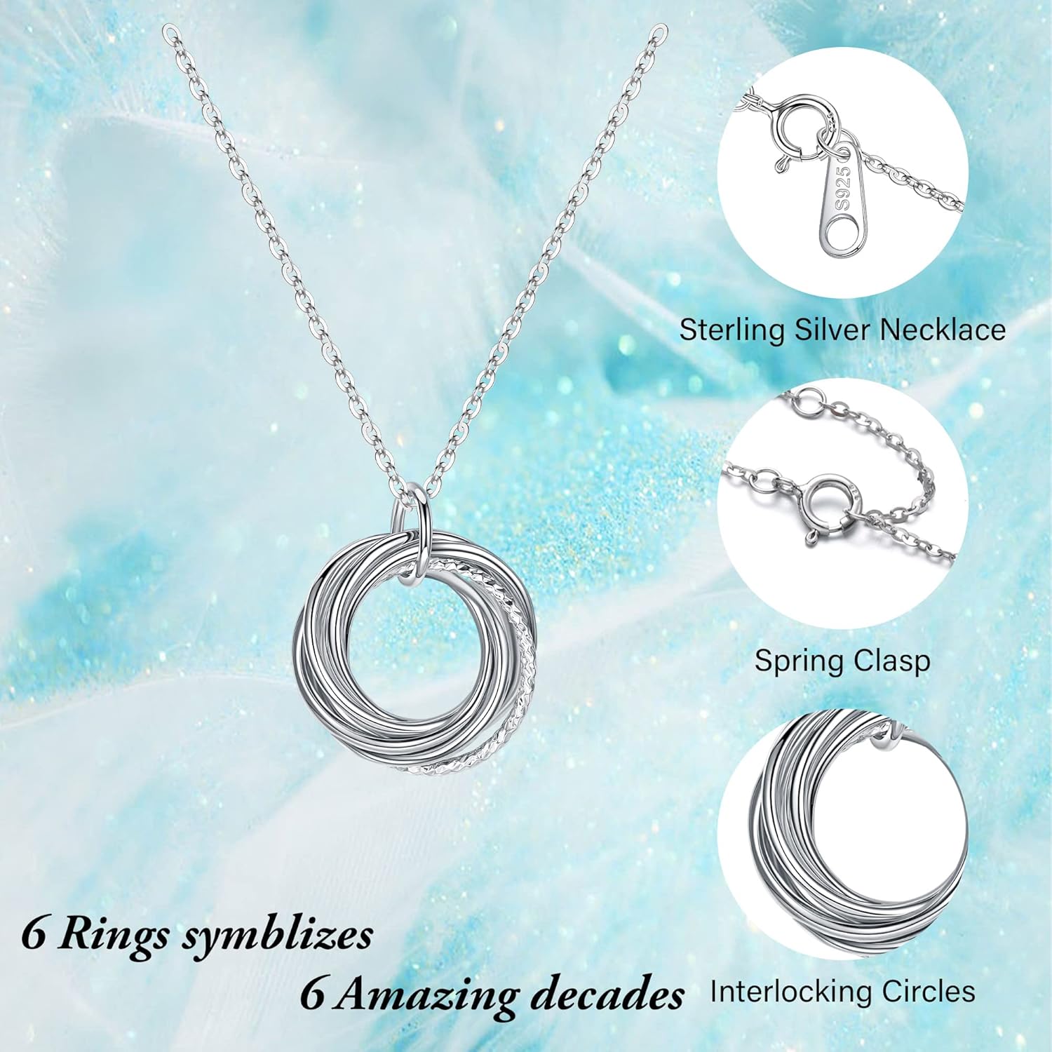 60th Birthday Necklace for Women Sterling Silver Chain Circles
