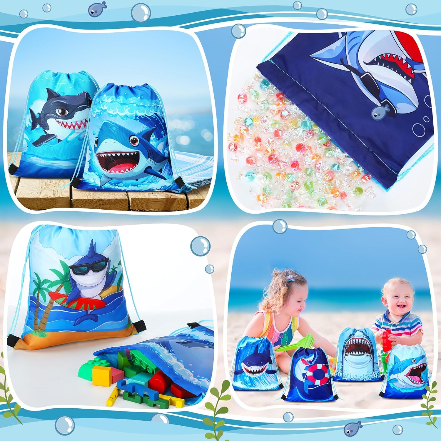 Marsui 24 Pcs Shark Drawstring Bags for Kids Summer Party