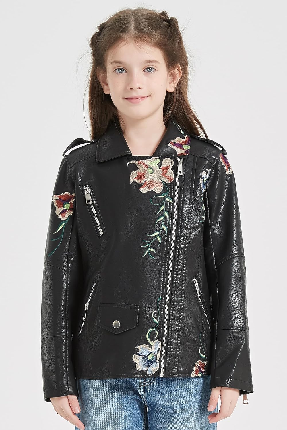 Giolshon 2024 Fall Girls PU Leather Jacket for Kids