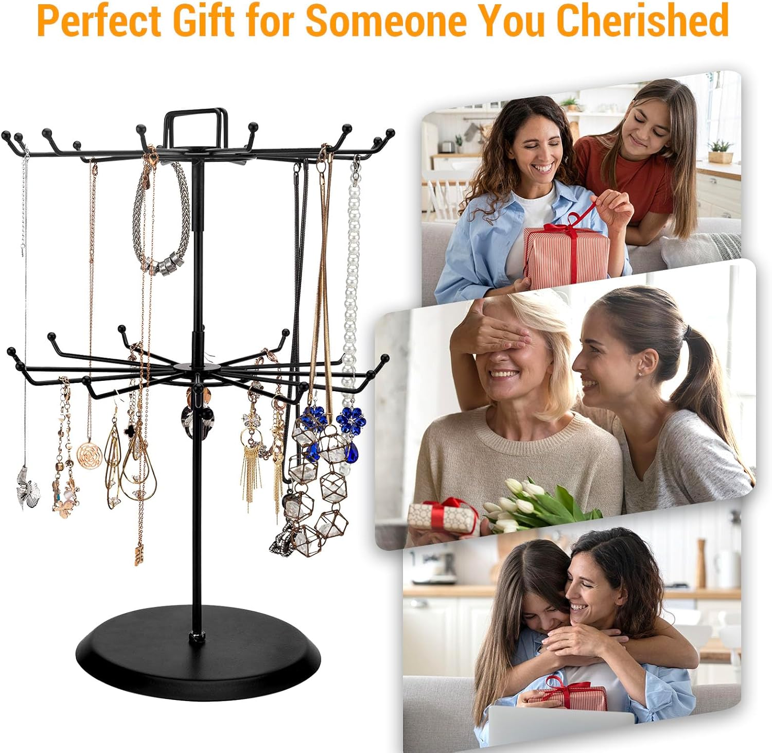 MyGift 2 Tier Rotating Jewelry Stand with 24 Hooks