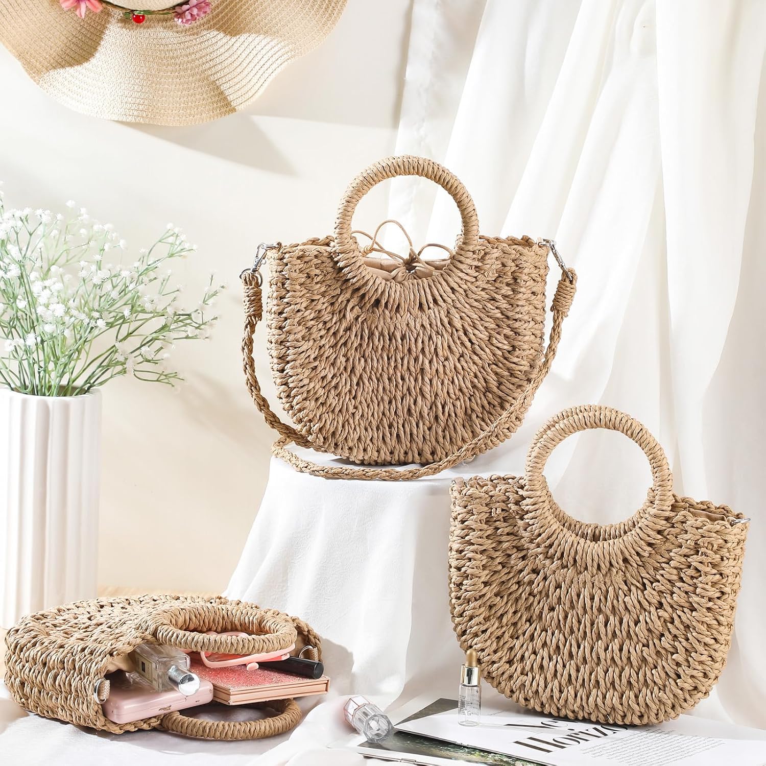 Oudain 12 Pcs Semi Wedding Straw Bags with Handles