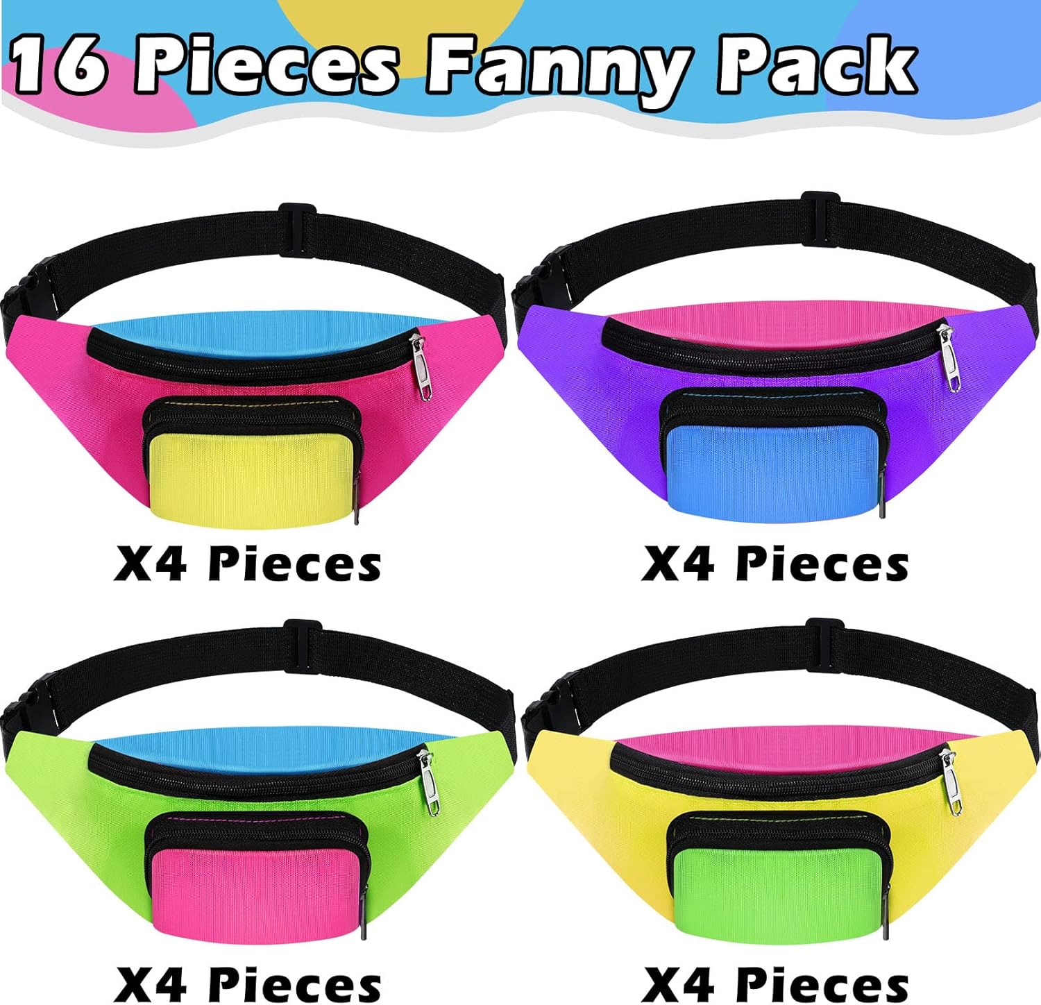 Tarpop 16 Pieces Neon Retro Fanny Pack Belt Bag