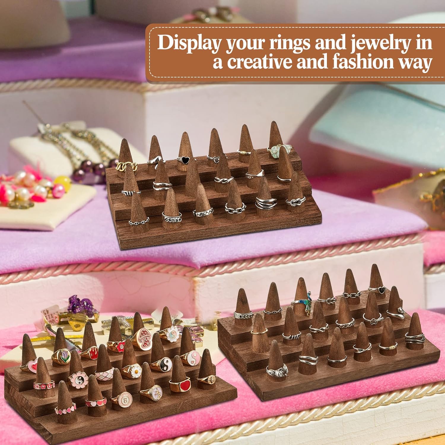Juexica 4 Pc Wood Ring Display Stand Set