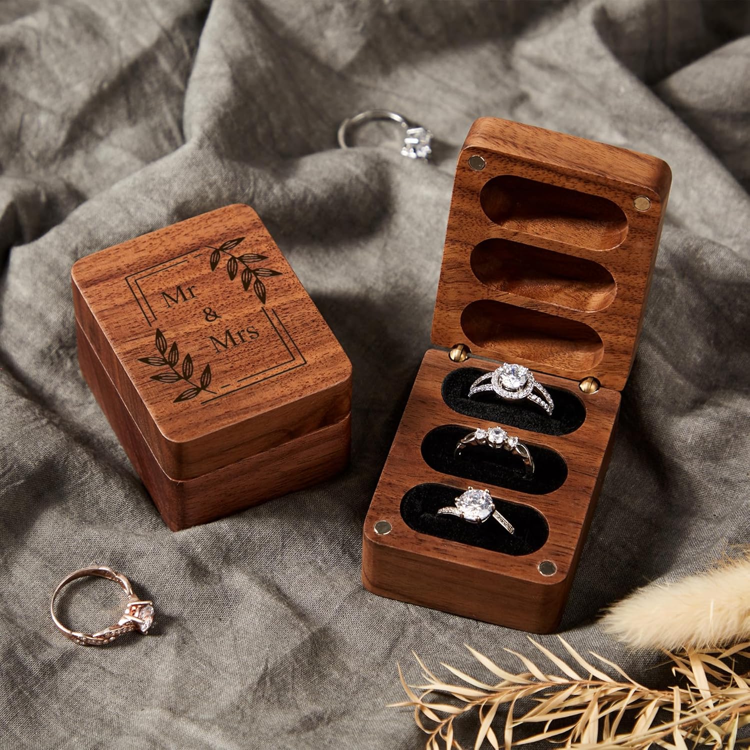 Roycraft Mr Mrs Wedding Ring Box 3 Slot Black Lining