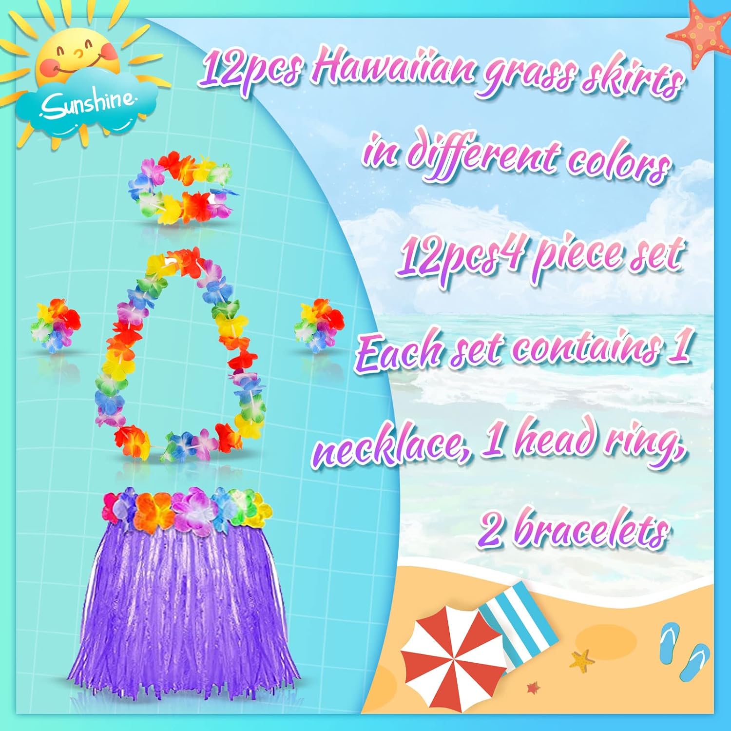 Pistroy 60 Pcs Hawaiian Luau Hula Skirt Decorations Set