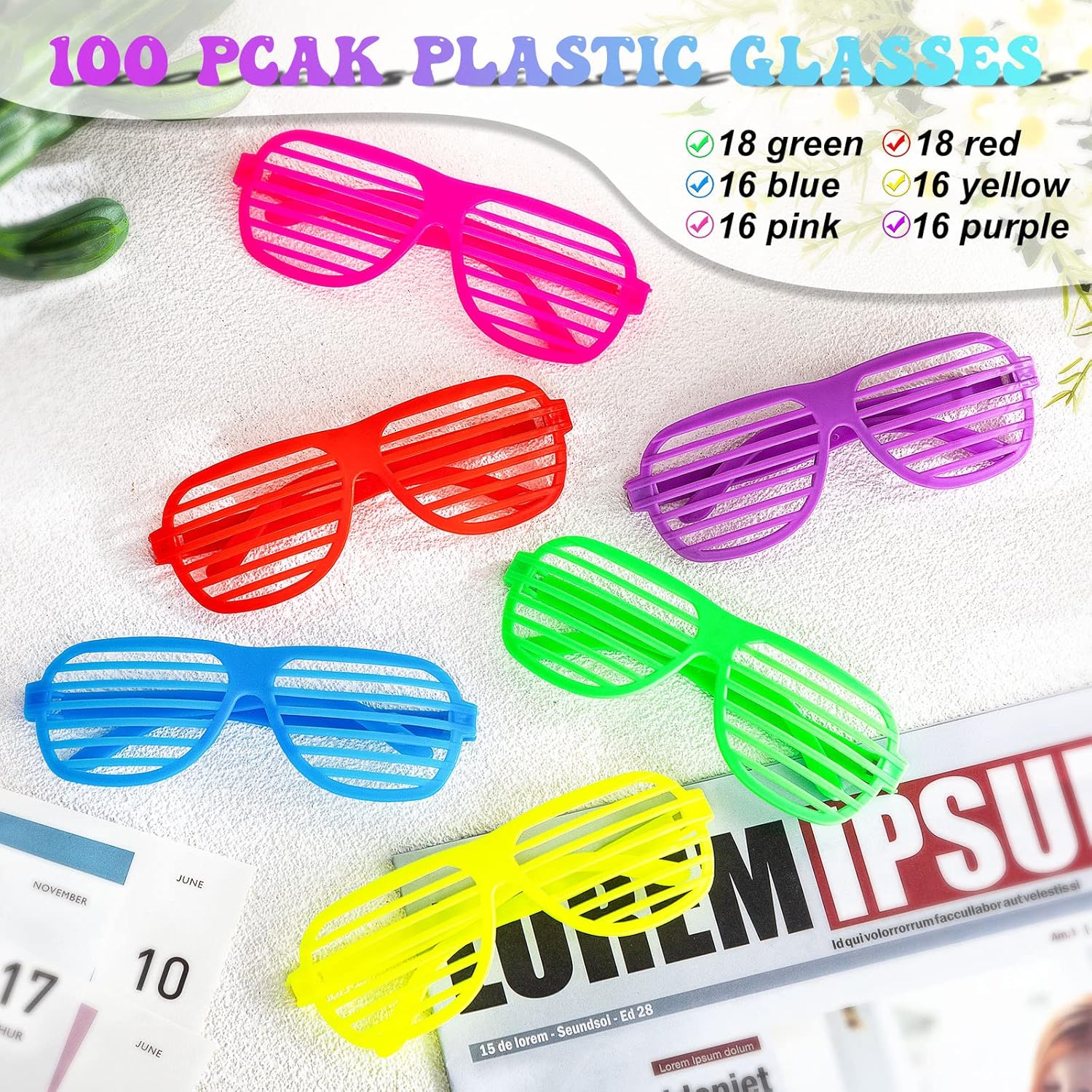 100 Pack Neon Plastic Shutter Shades Sunglasses
