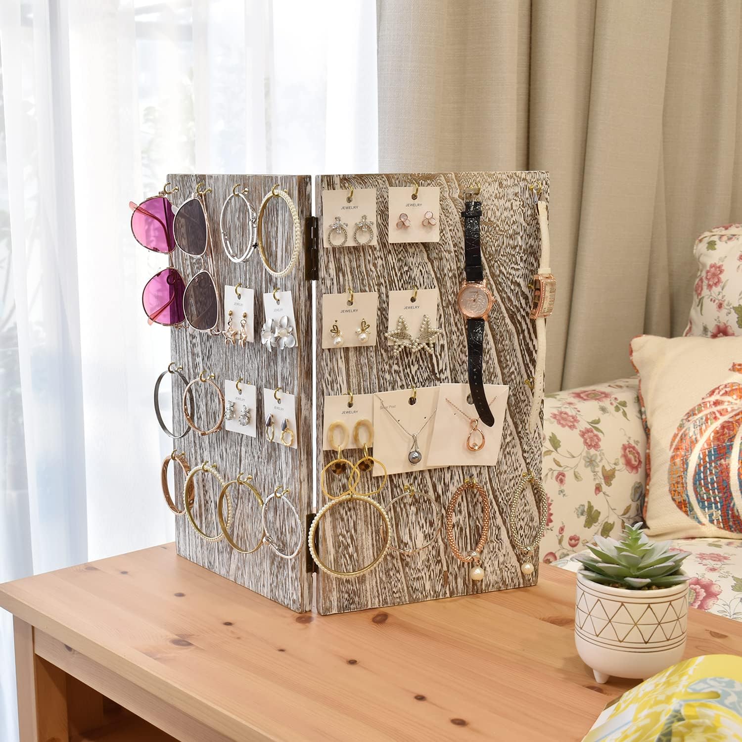 MOOCA Wooden Jewelry Display Stand with 32 Hooks and V Shape Design