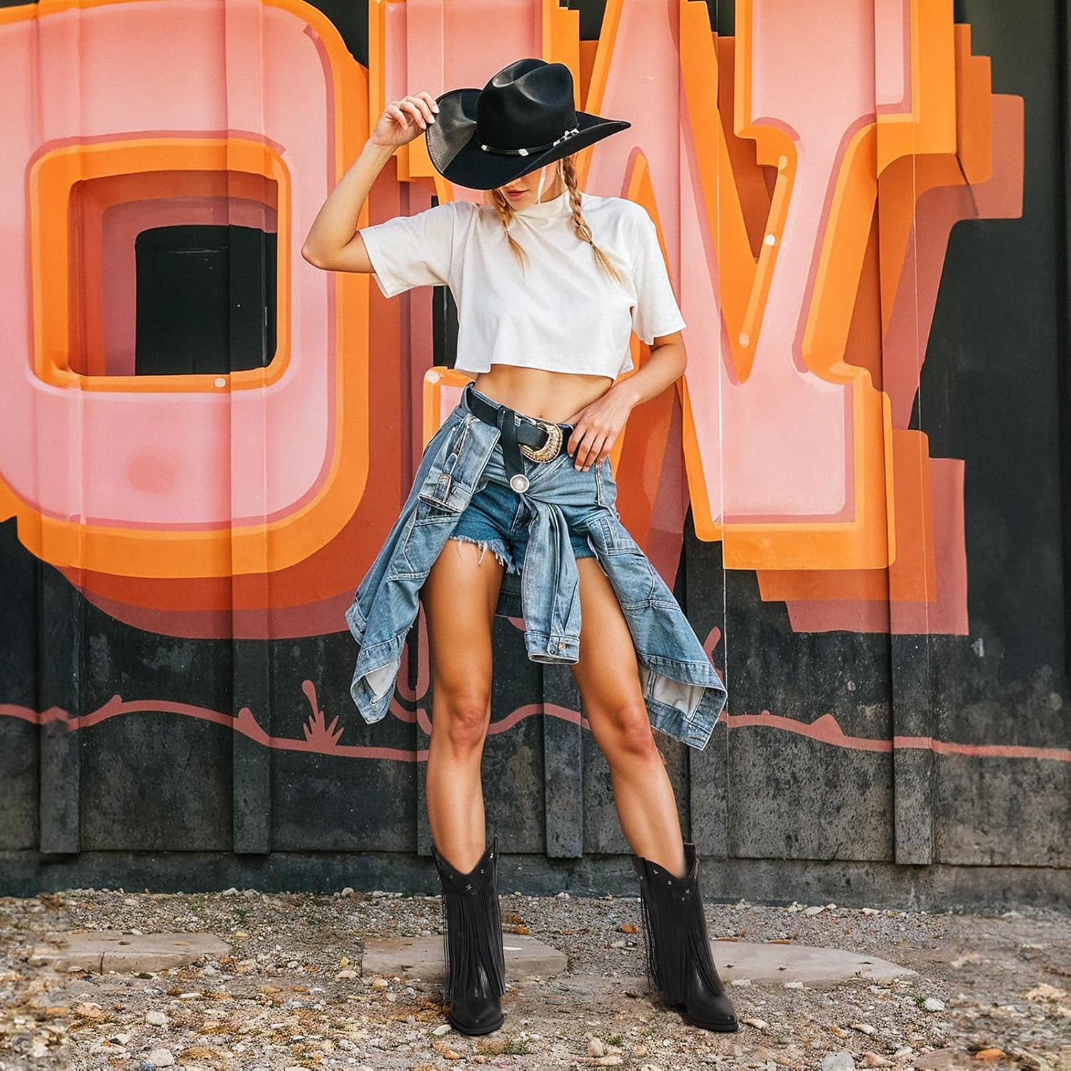 Fringe Cowboy Boots for Women - Star Studded Mid Calf Boots