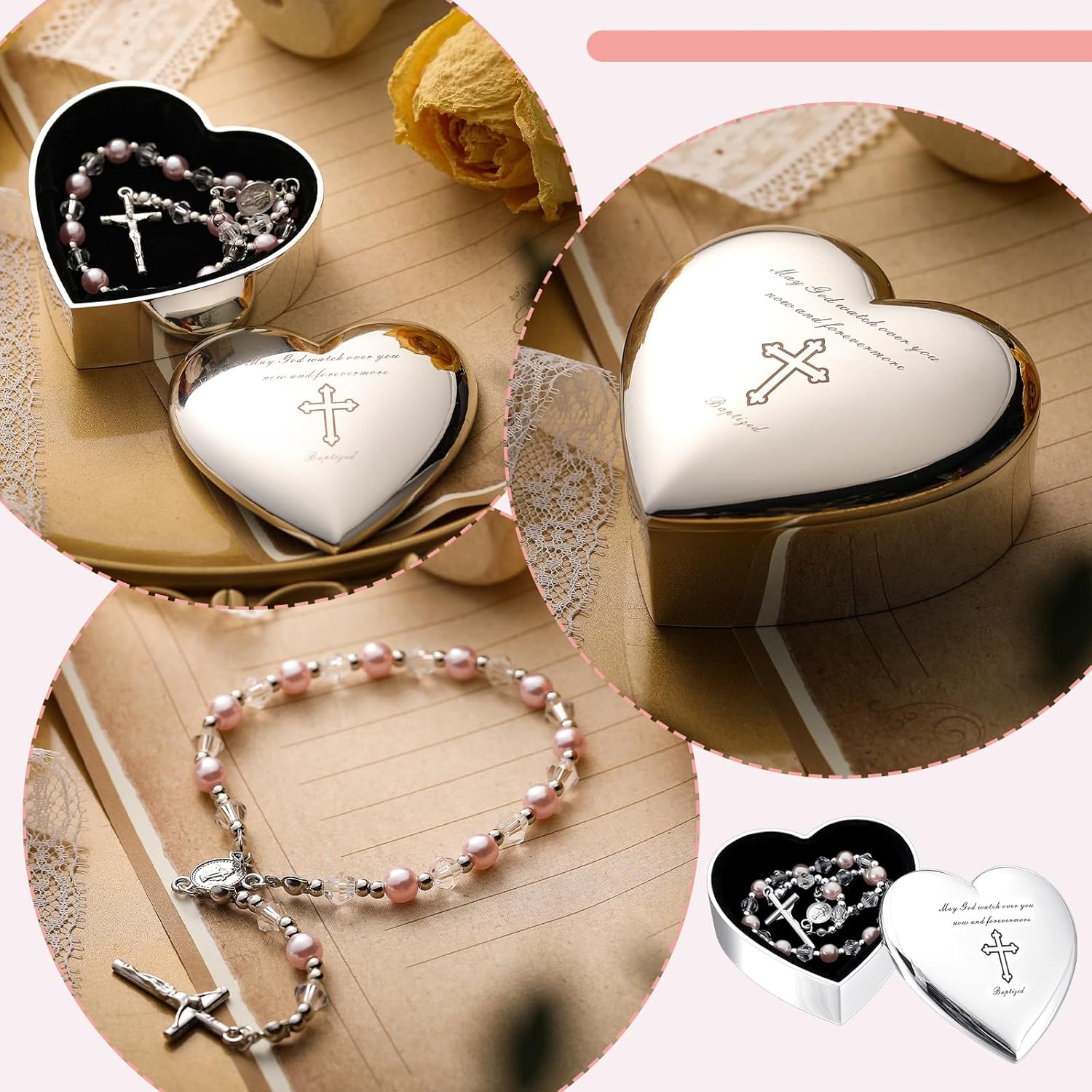 Quelay 2 Pcs Heart Jewelry Box and Baby Rosary Set