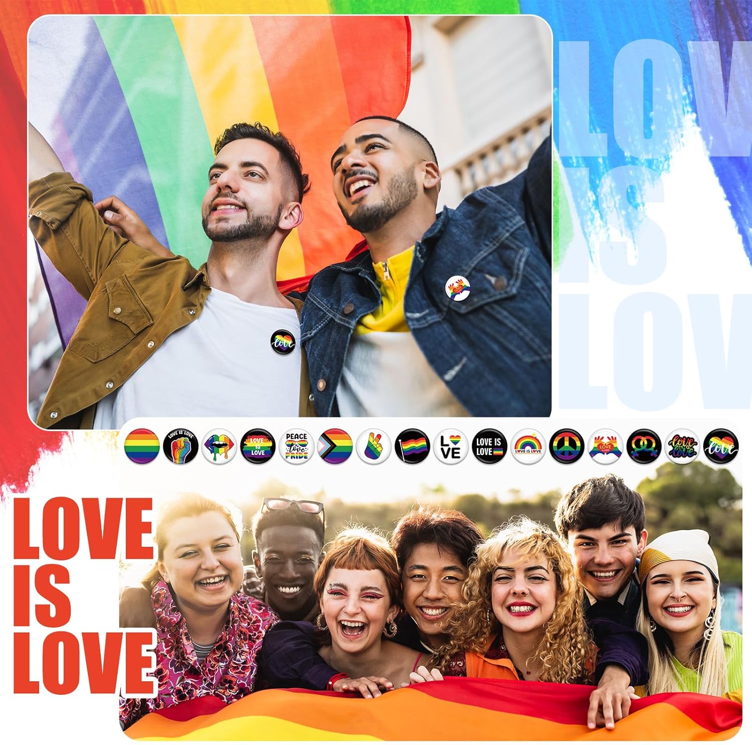Jutom 48 Pcs Rainbow Pride Day Buttons Pin Set