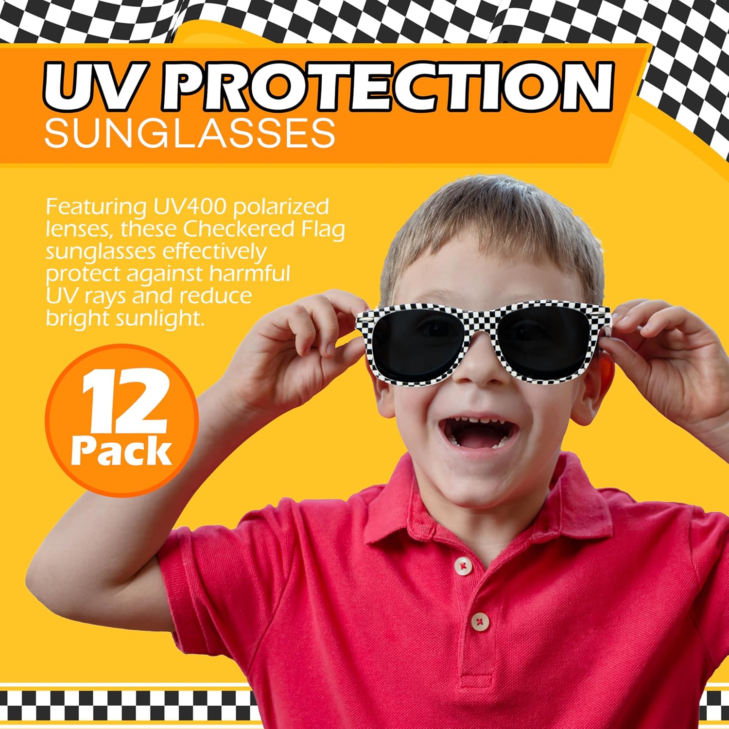 4Es Novelty Race Car Checkered Sunglasses for Kids 12 Pack