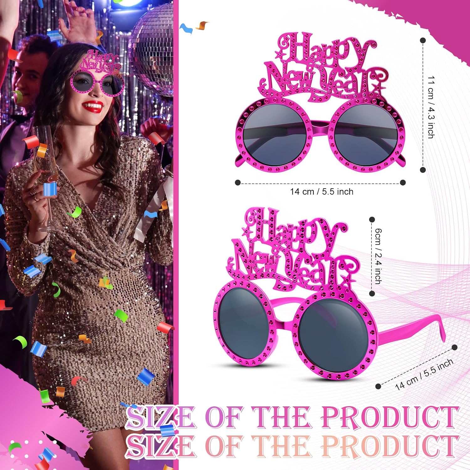 2025 Happy New Year Eyeglasses Glitter Round Funny Party Glasses