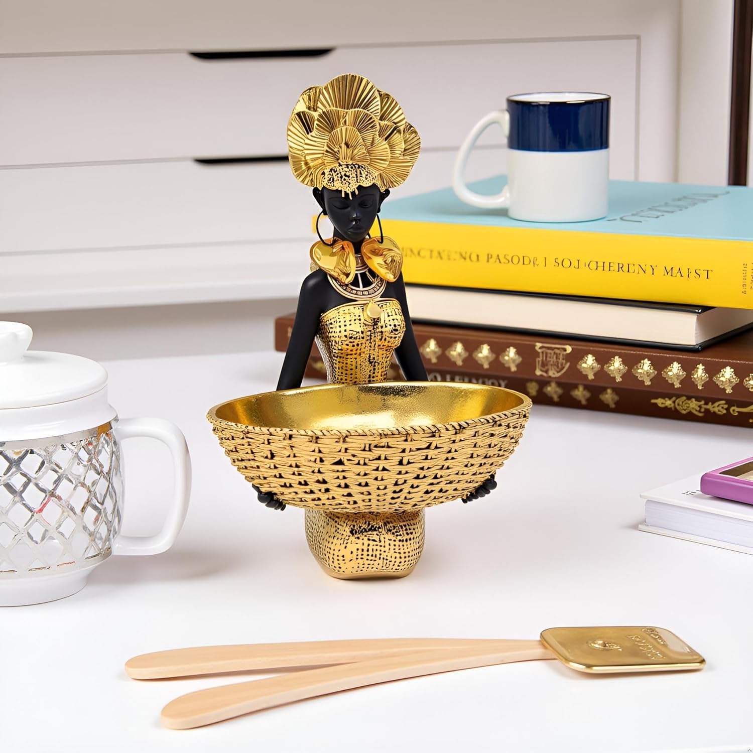 African Tribal Lady Sculpture Tray - Gold