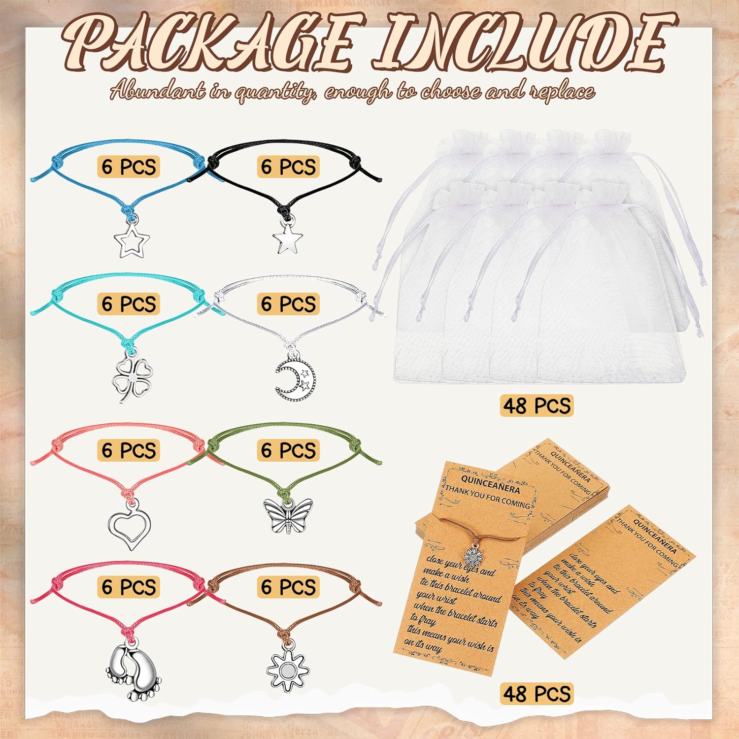 48 Piece Quinceanera Wish Bracelet Favor Set