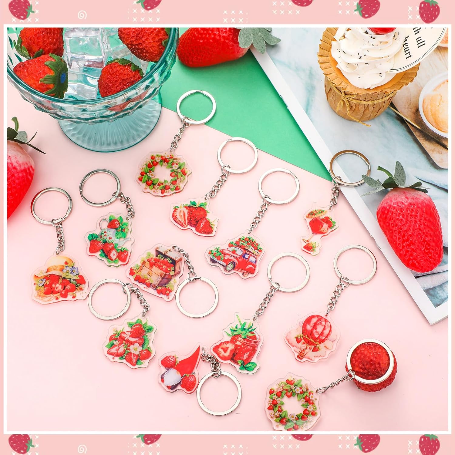 Kigeli 60 Pcs Strawberry Keychains for Kids and Adults