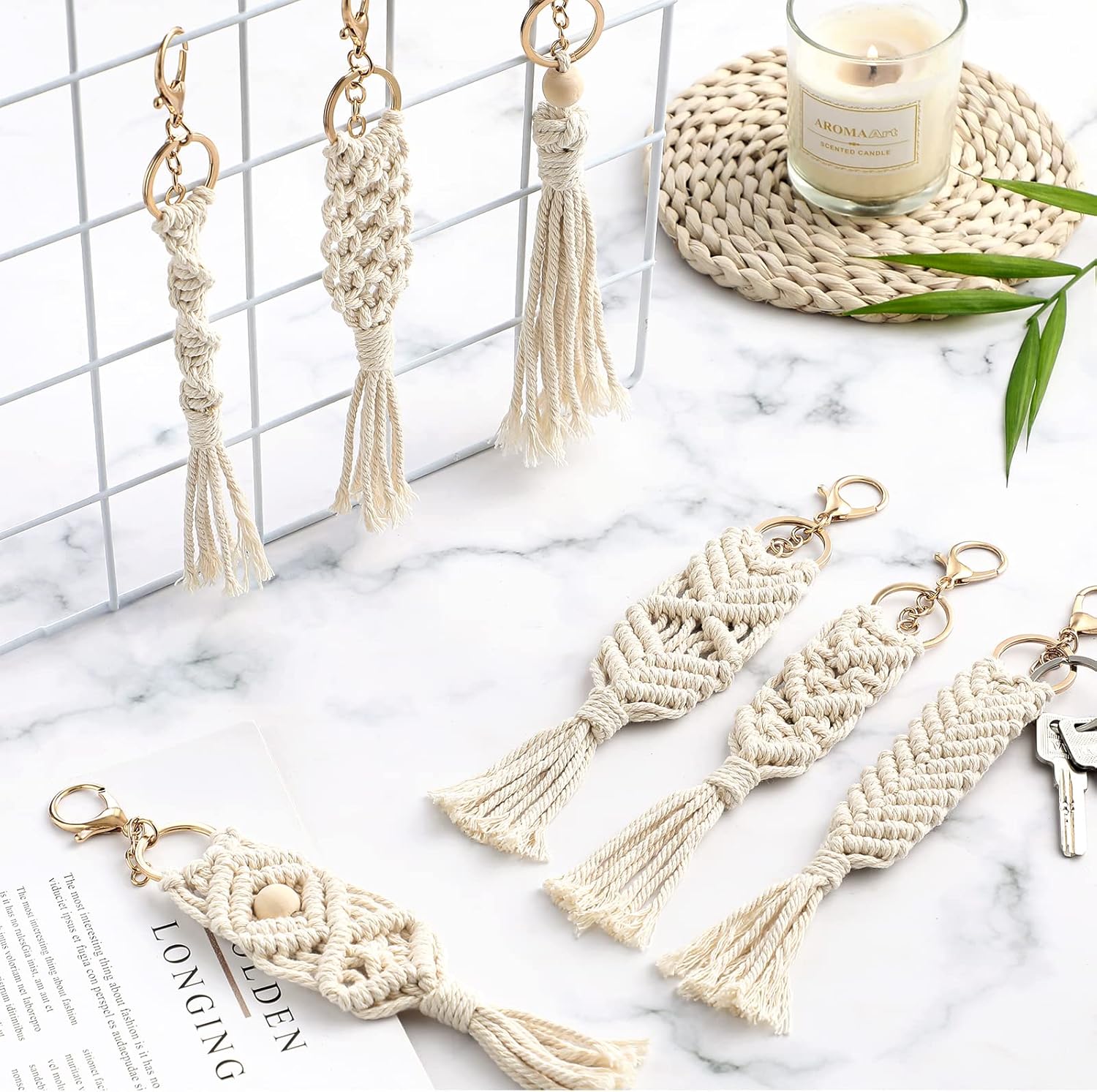 Nosiny 24 Piece Boho Macrame Keychain Set Beige