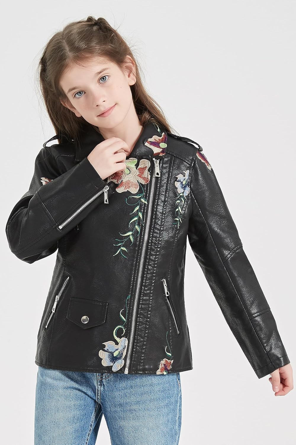 Giolshon 2024 Fall Girls PU Leather Jacket for Kids
