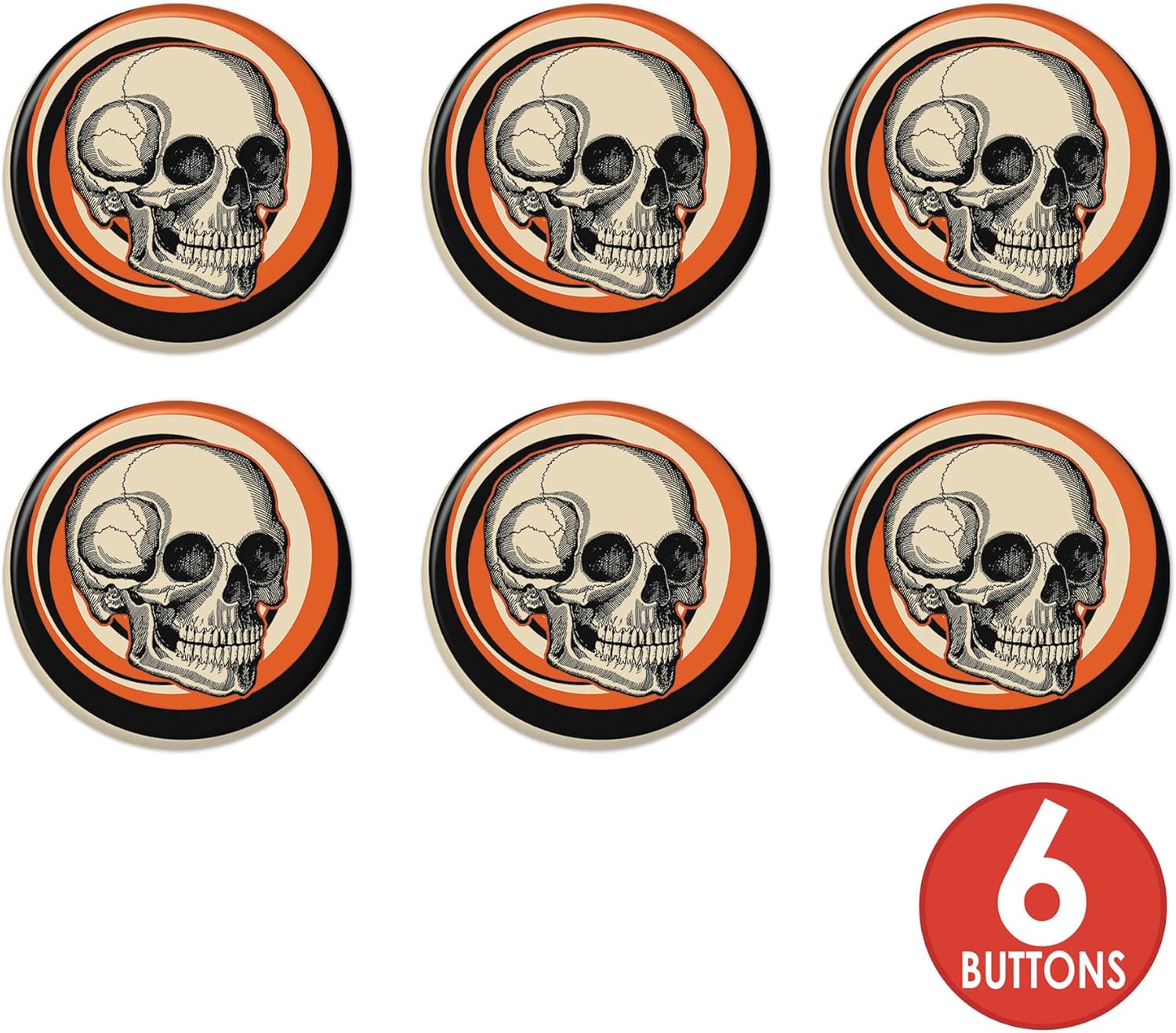 Beistle 6 Piece Vintage Halloween Skull Buttons