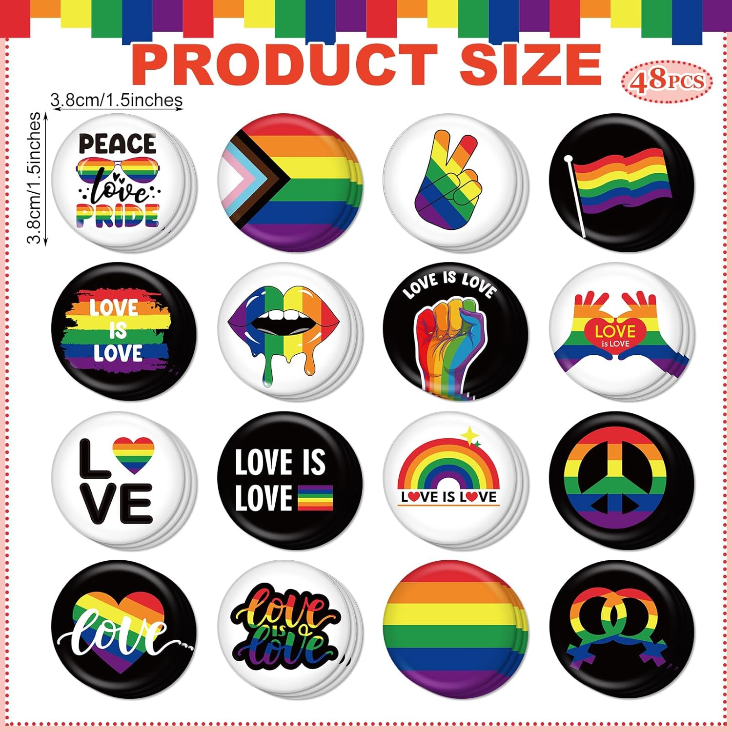 Jutom 48 Pcs Rainbow Pride Day Buttons Pin Set