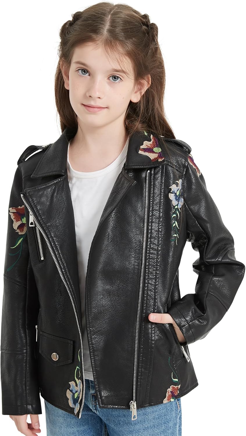 Giolshon 2024 Fall Girls PU Leather Jacket for Kids