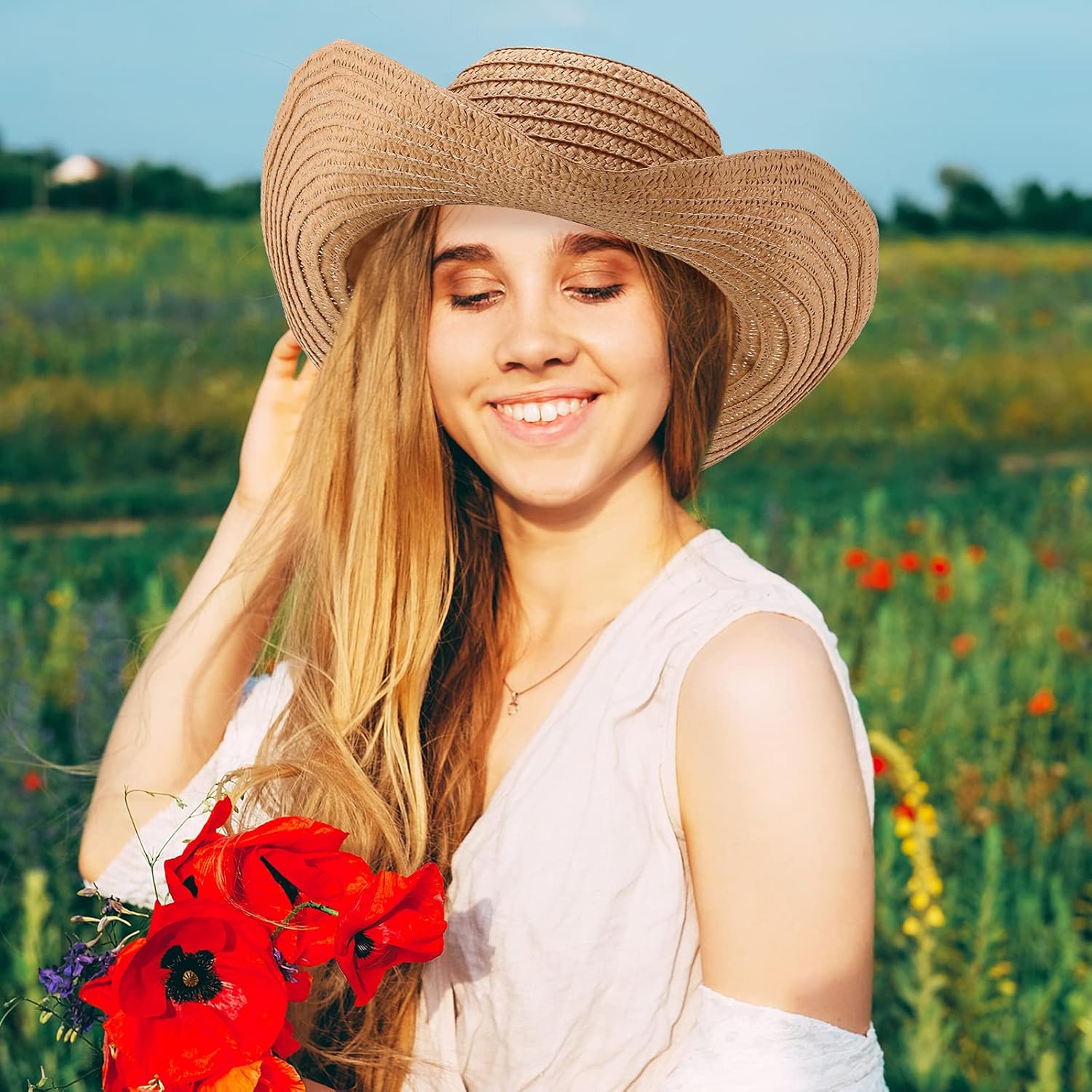 JaGely 12 Pcs Straw Cowboy Hats for Women Men