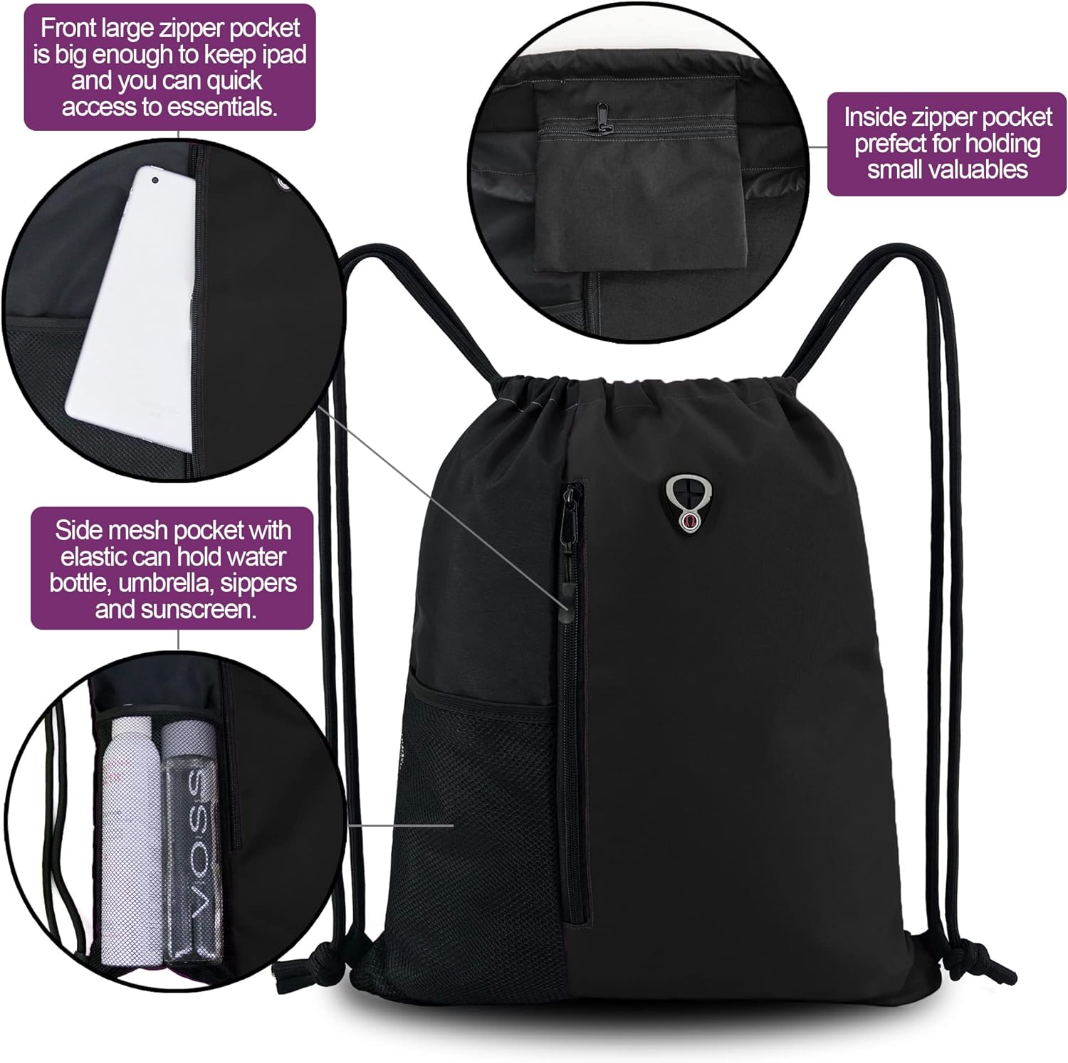 BeeGreen Drawstring Backpack Gym Bag with Shoe Compartment and Two Water Bottle Holders