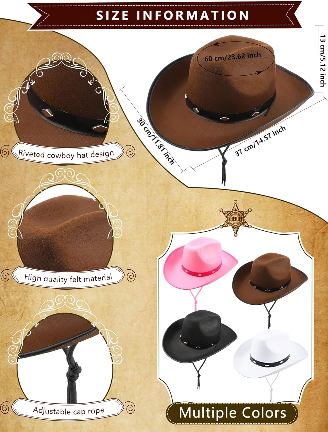 4 Pack Studded Cowboy Hats for Adult Cowgirl Cowboy Style
