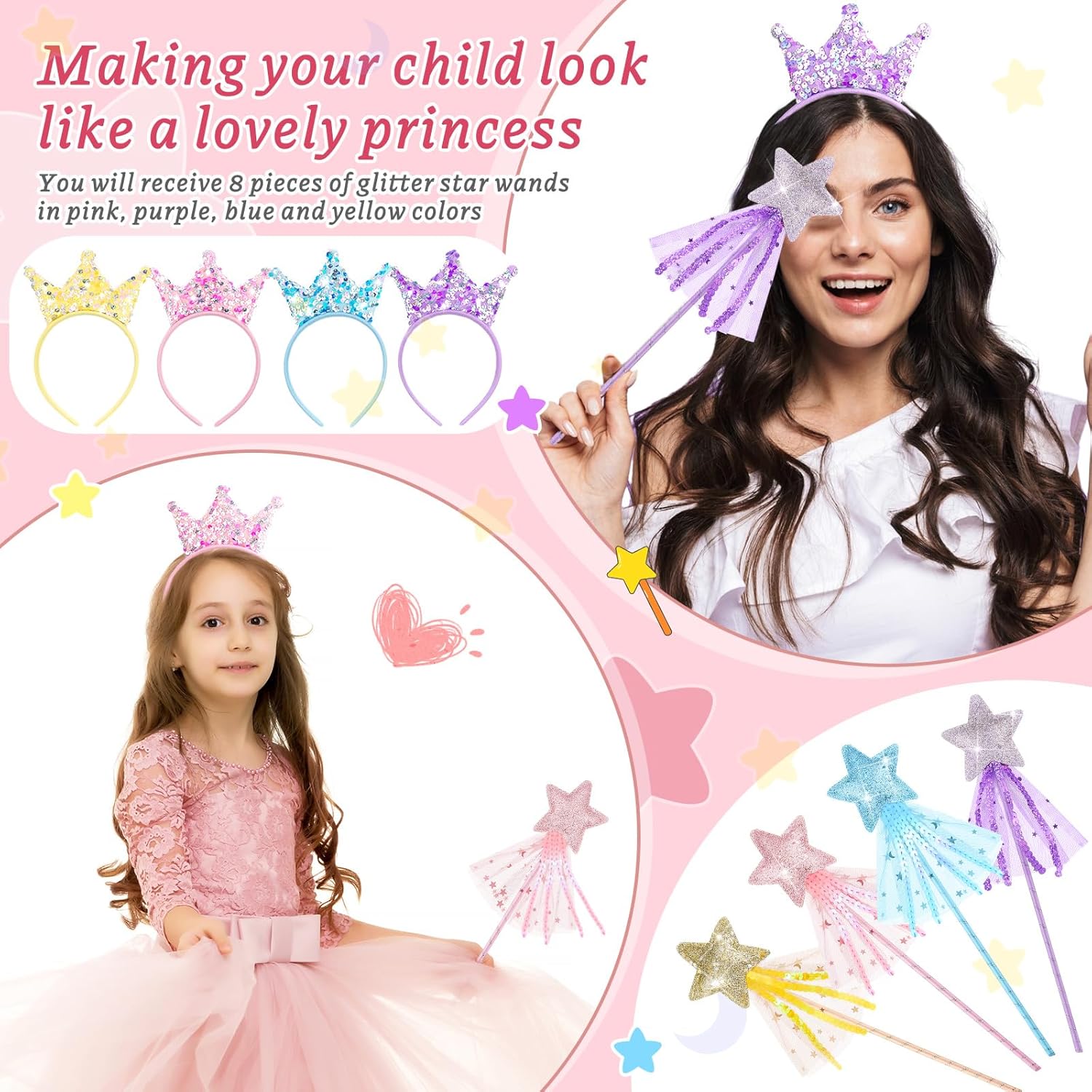 24 Pcs Princess Wands and Crown Headbands for Girls Birthday Party Gifts